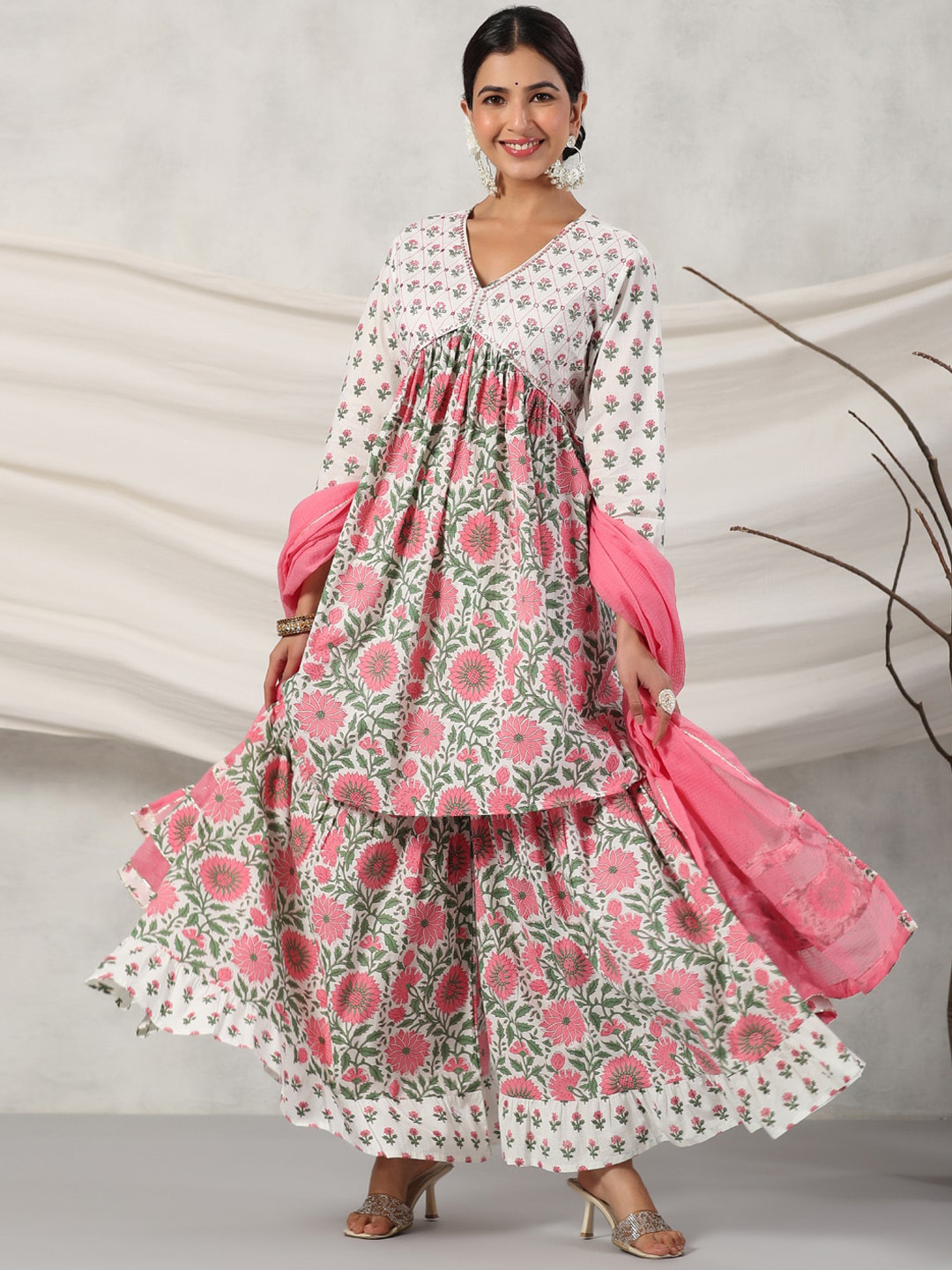 

Readiprint Floral Print Sequinned Pure Cotton A-Line Kurta & Sharara With Dupatta, Pink