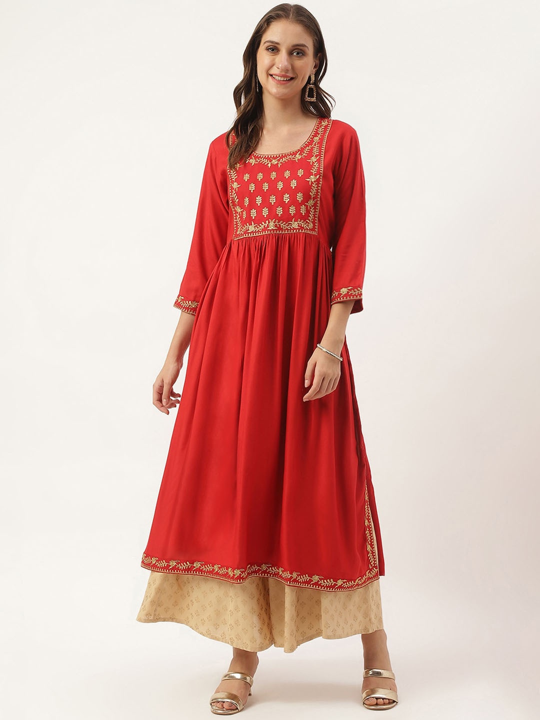 

ANUTTARA FASHIONS Floral Embroidered A-Line Kurta, Maroon