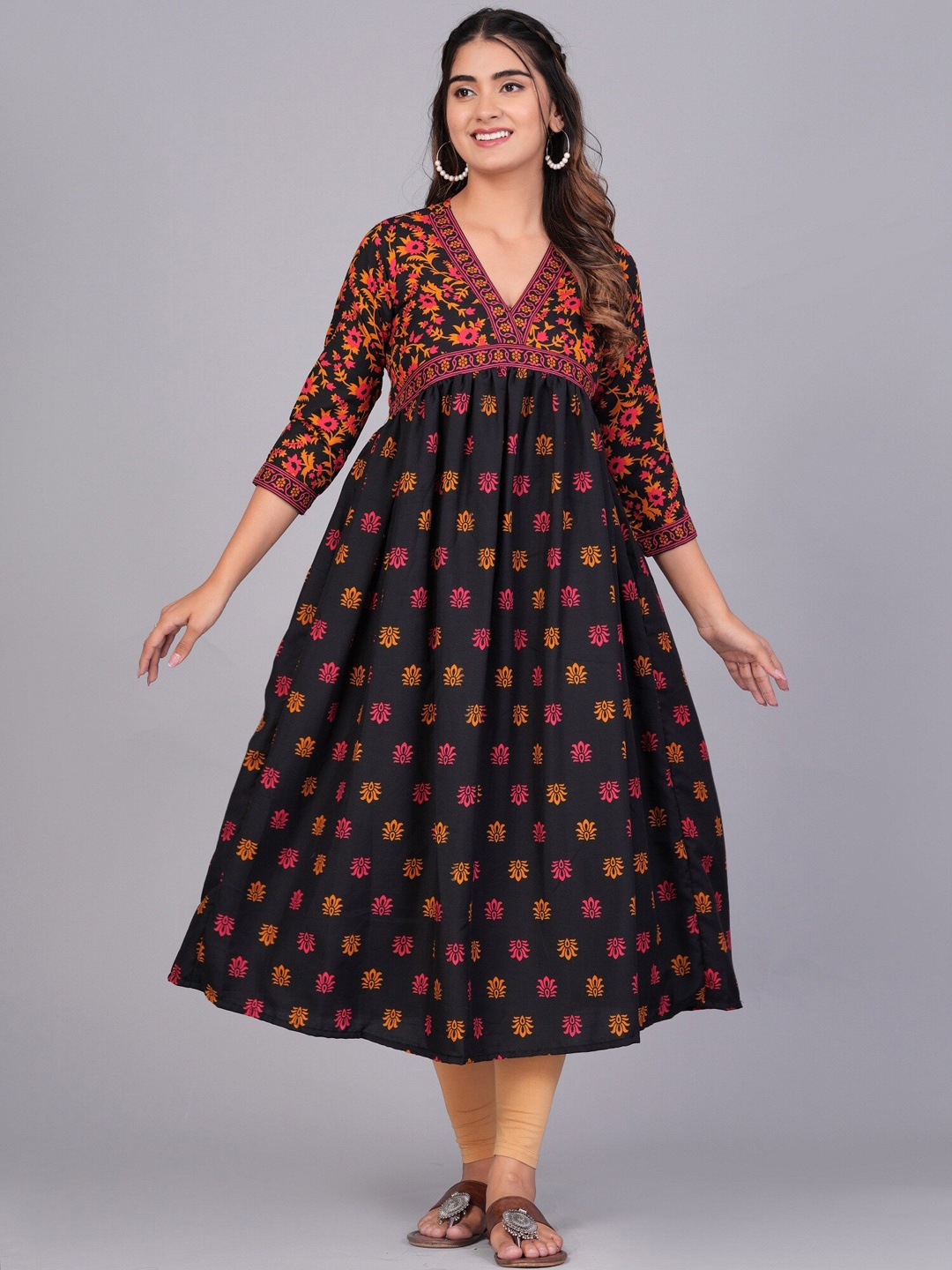 

ANUTTARA FASHIONS Ethnic Motifs Printed A-Line Kurta, Black