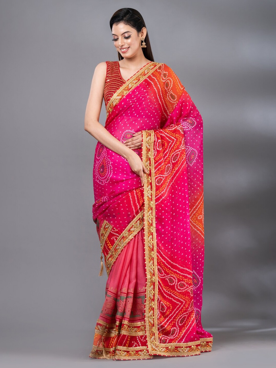 

MAHALASA Bandhani Printed Embroidered Saree, Pink