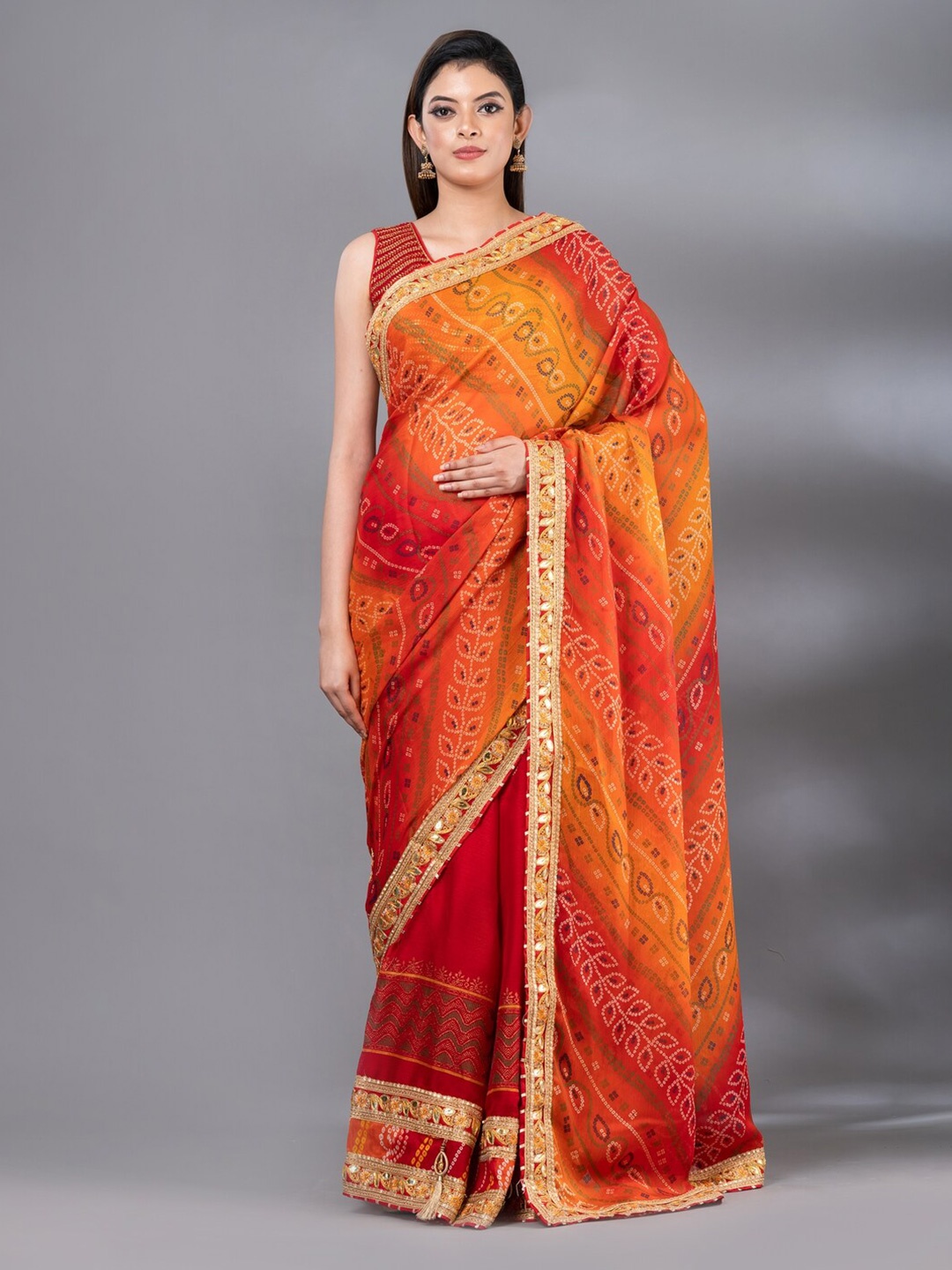 

MAHALASA Bandhani Printed Embroidered Saree, Red