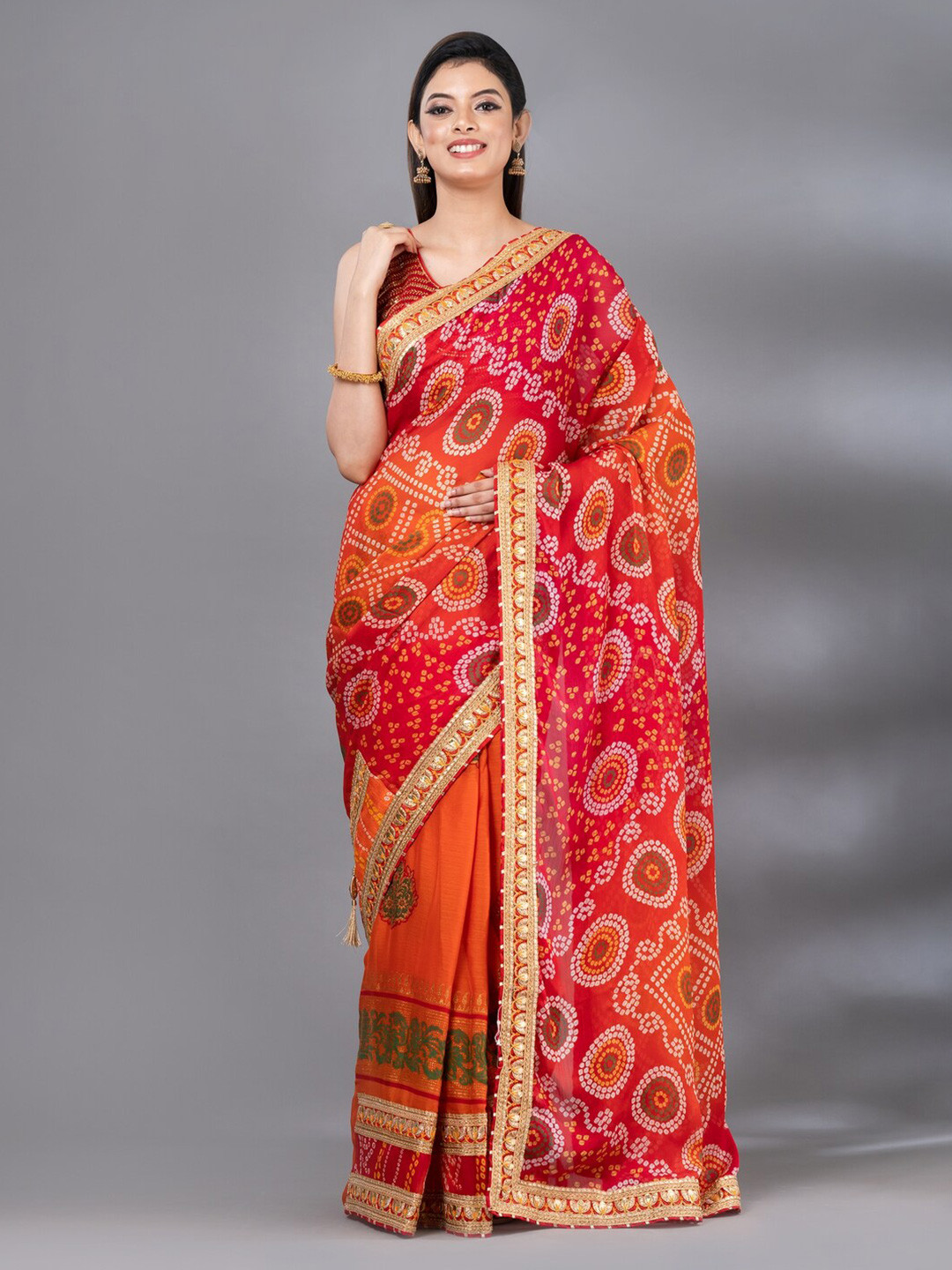 

MAHALASA Bandhani Printed Embroidered Saree, Orange