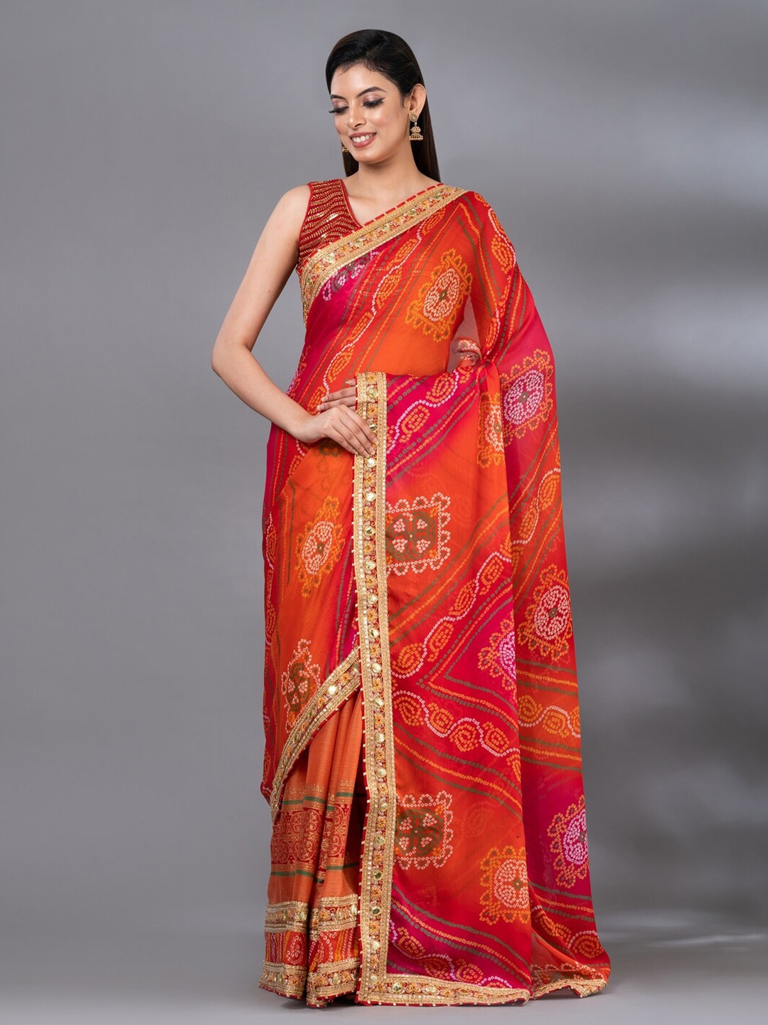 

MAHALASA Bandhani Printed Embroidered Saree, Orange