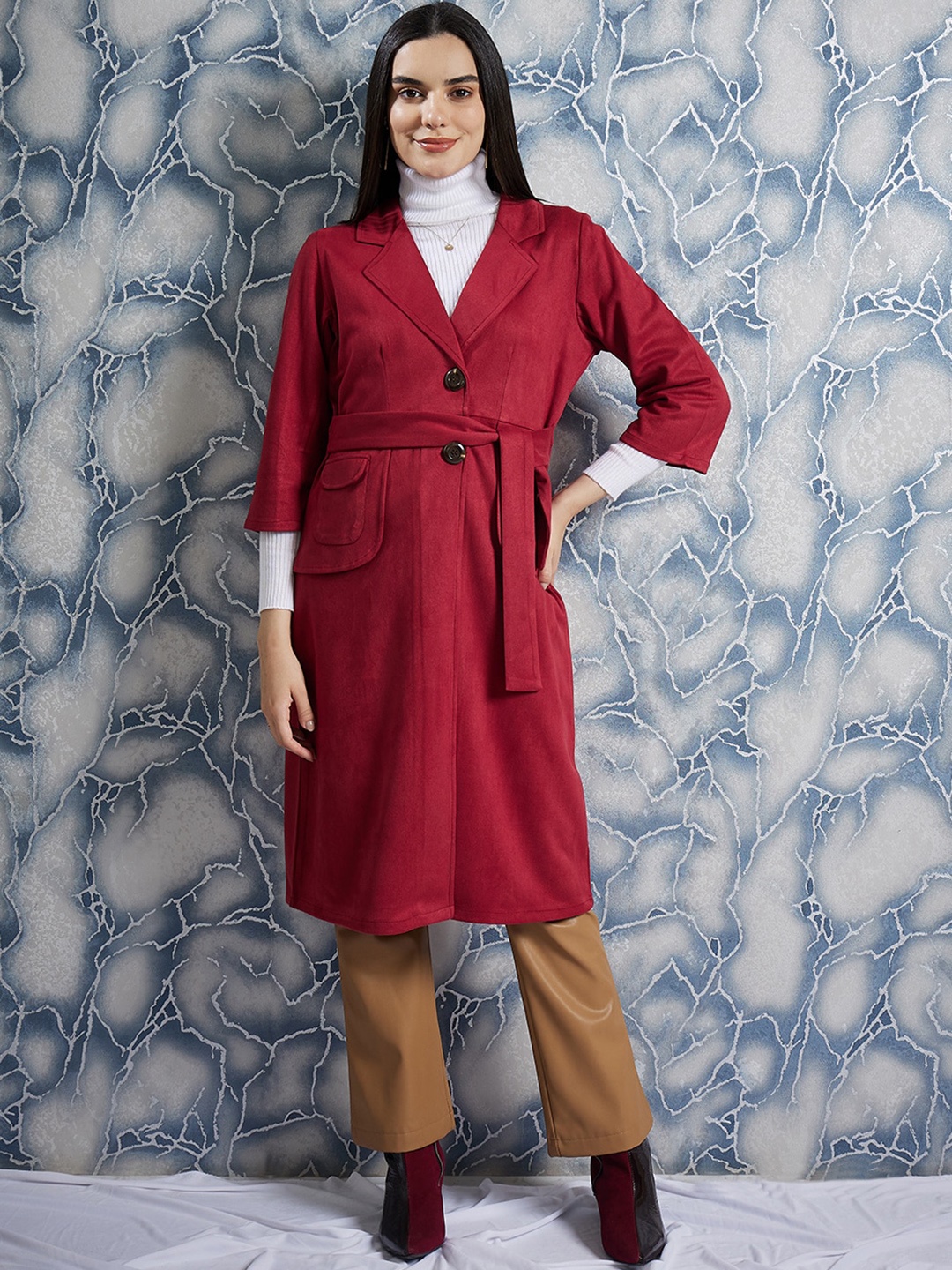 

Athena Notched Lapel Suede Coats, Maroon