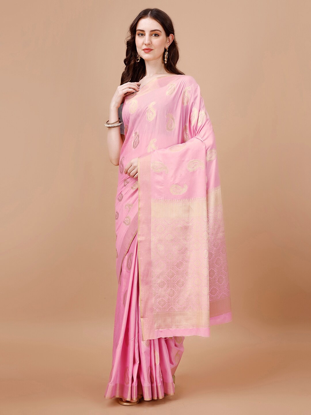 

MAGMINA Ethnic Motifs Woven Design Banarasi Saree, Pink