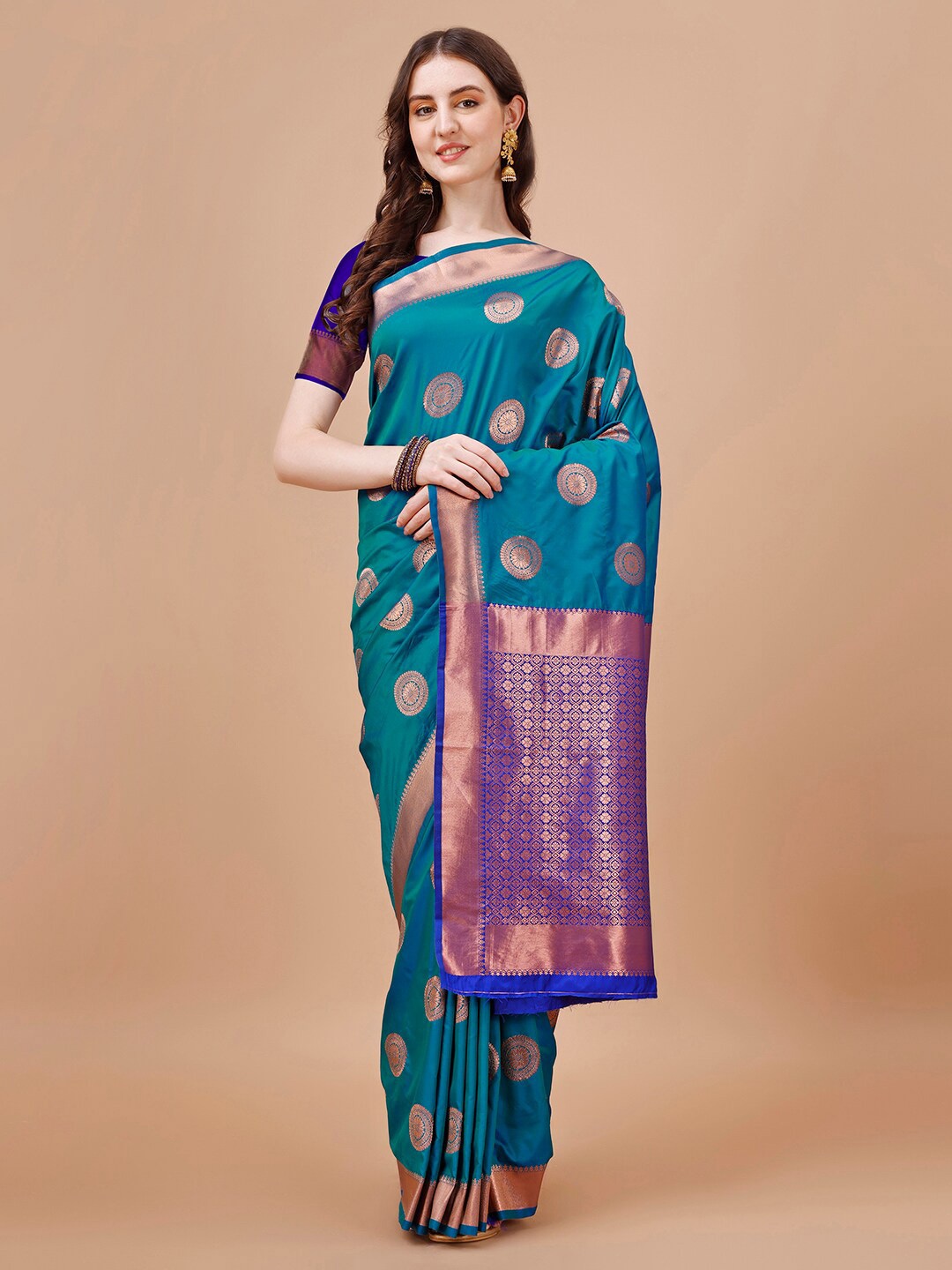 

MAGMINA Ethnic Motifs Woven Designed Zari Malai Silk Banarasi Saree, Turquoise blue