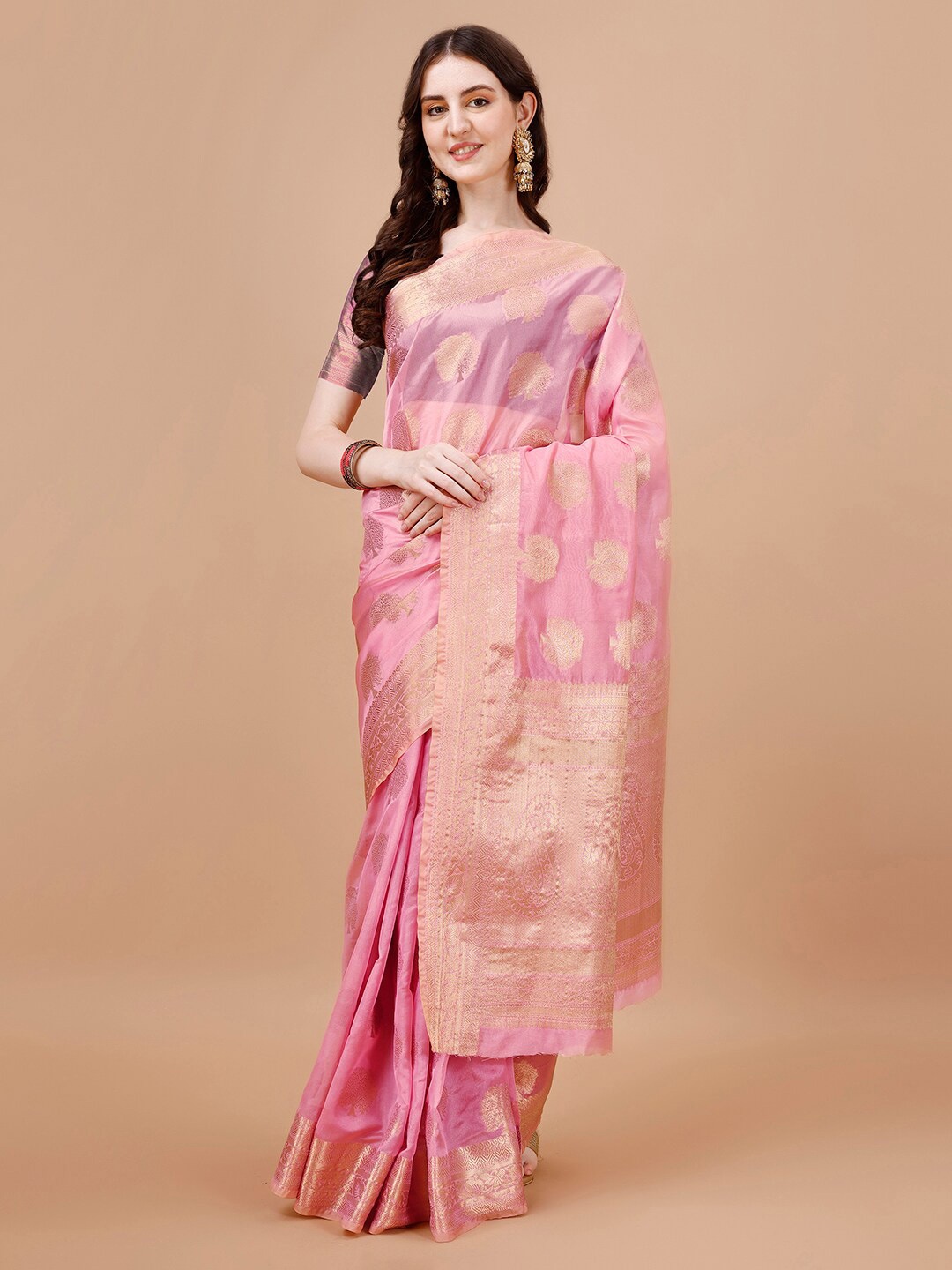 

MAGMINA Ethnic Motifs Woven Designed Zari Organza Banarasi Silk Saree, Pink