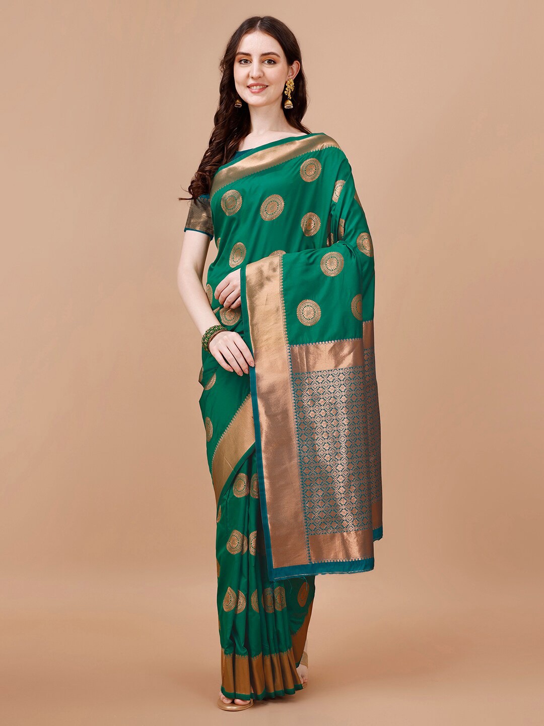 

MAGMINA Ethnic Motifs Woven Designed Zari Malai Silk Banarasi Saree, Green