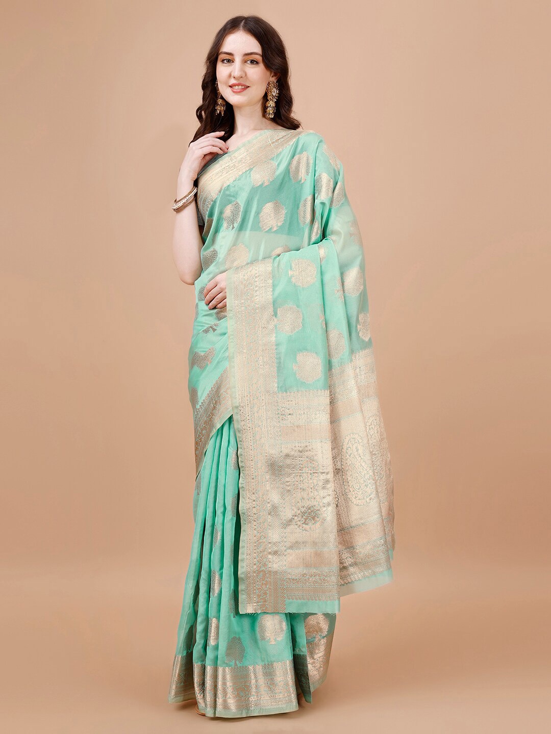 

MAGMINA Ethnic Motifs Woven Designed Zari Organza Silk Banarasi Saree, Green