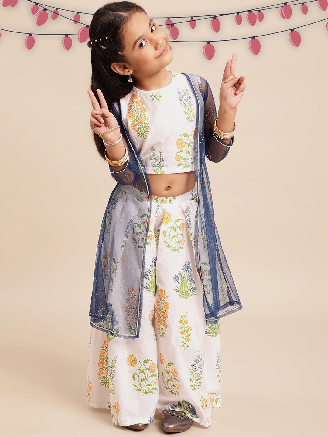 

AHALYAA KIDS Girls Printed Pure Cotton Top & Palazzos With Shrug, Off white
