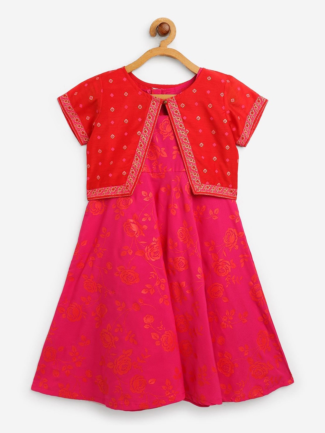 

AHALYAA KIDS Girls Printed A-Line Ethnic Dress With Jacket, Pink