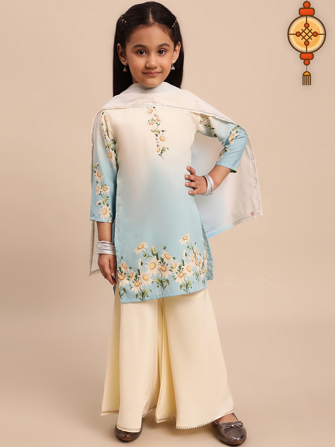 

AHALYAA KIDS Girls Floral Printed Kurta with Sharara & With Dupatta, Blue