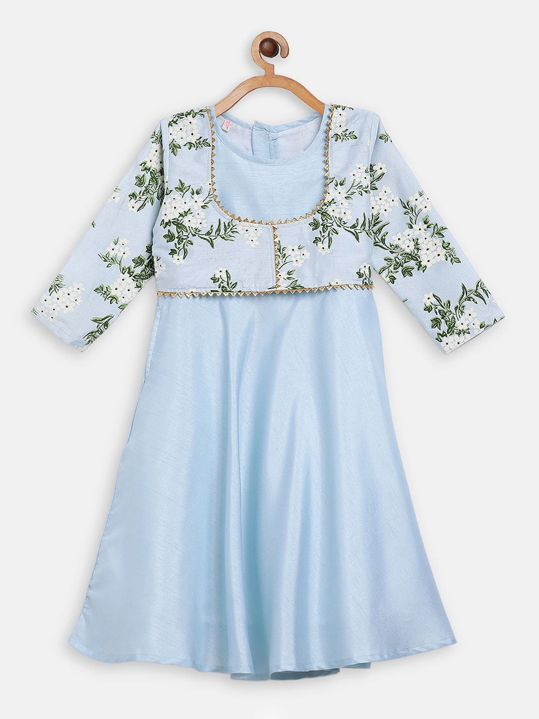 

AHALYAA KIDS Girls Floral Printed Gotta Patti A Line Ethnic Dress, Blue