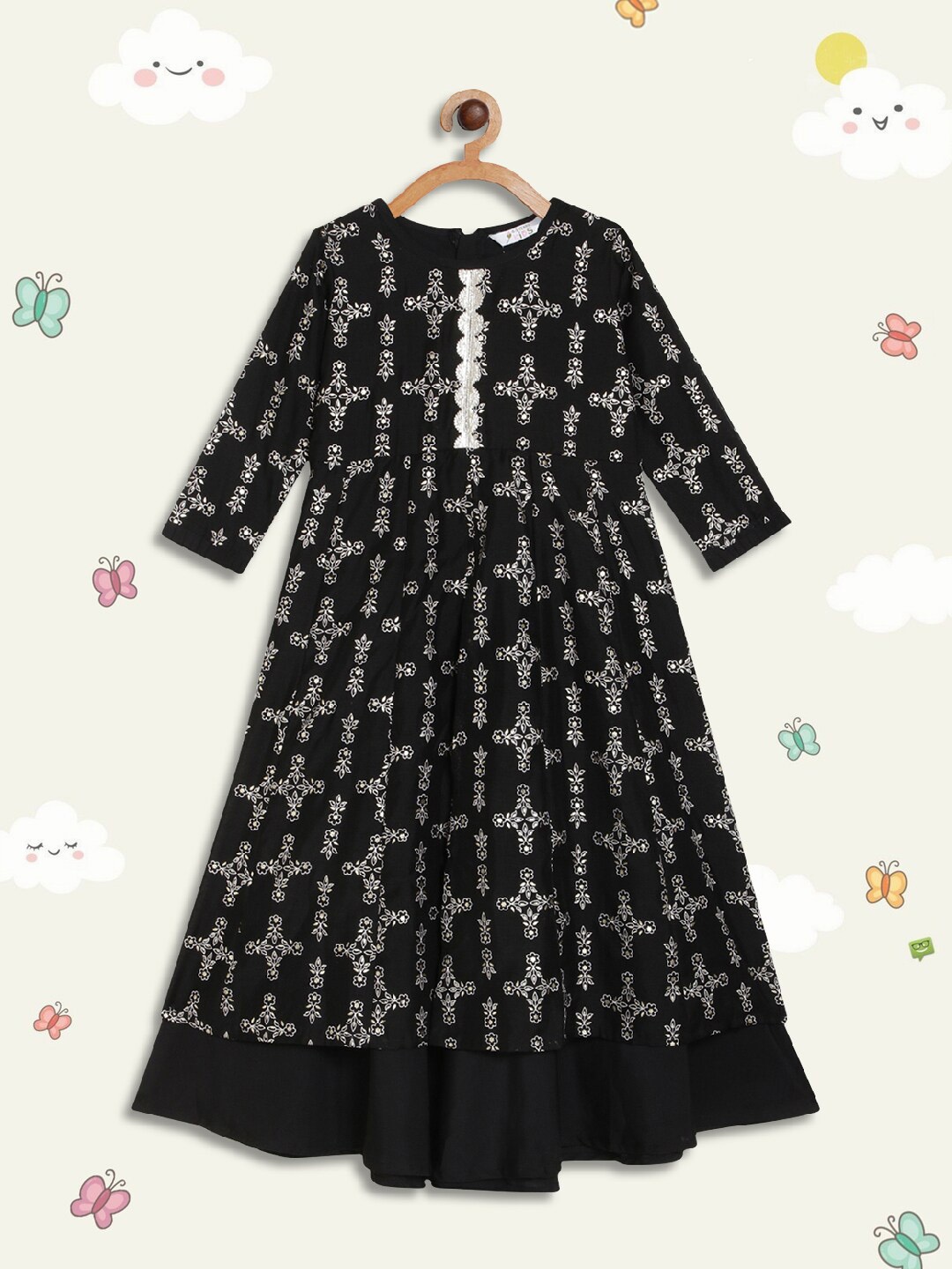 

AHALYAA KIDS Girls Floral Printed A-Line Ethnic Dress, Black