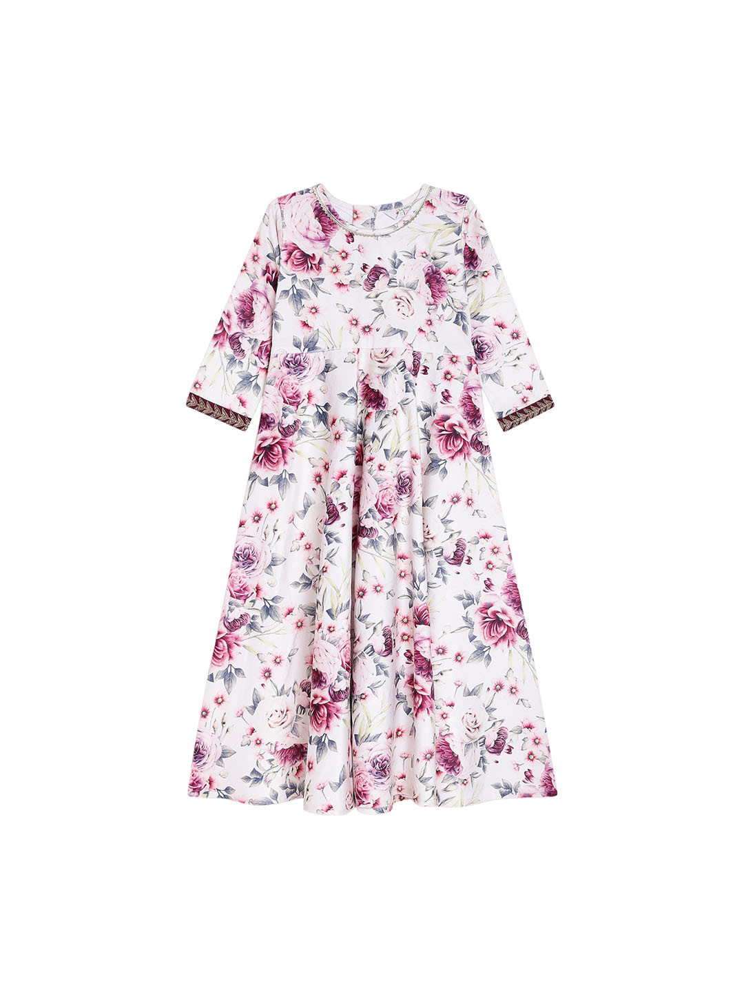 

AHALYAA KIDS Girls Floral Printed Long Sleeves Fit & Flared Velvet Ethnic Dresses, Cream