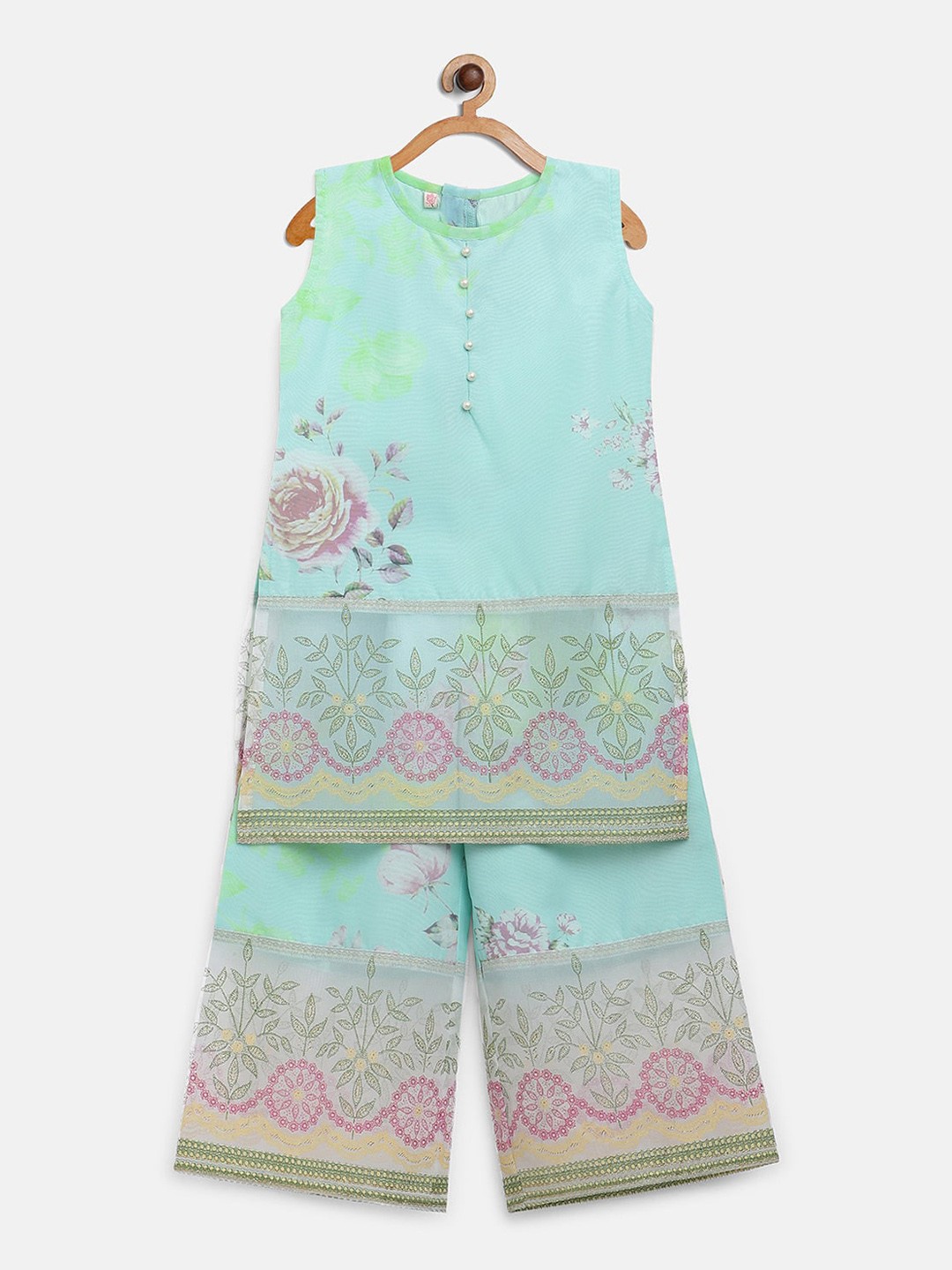 

AHALYAA KIDS Girls Floral Printed Organza Straight Kurta With Palazzos, Green