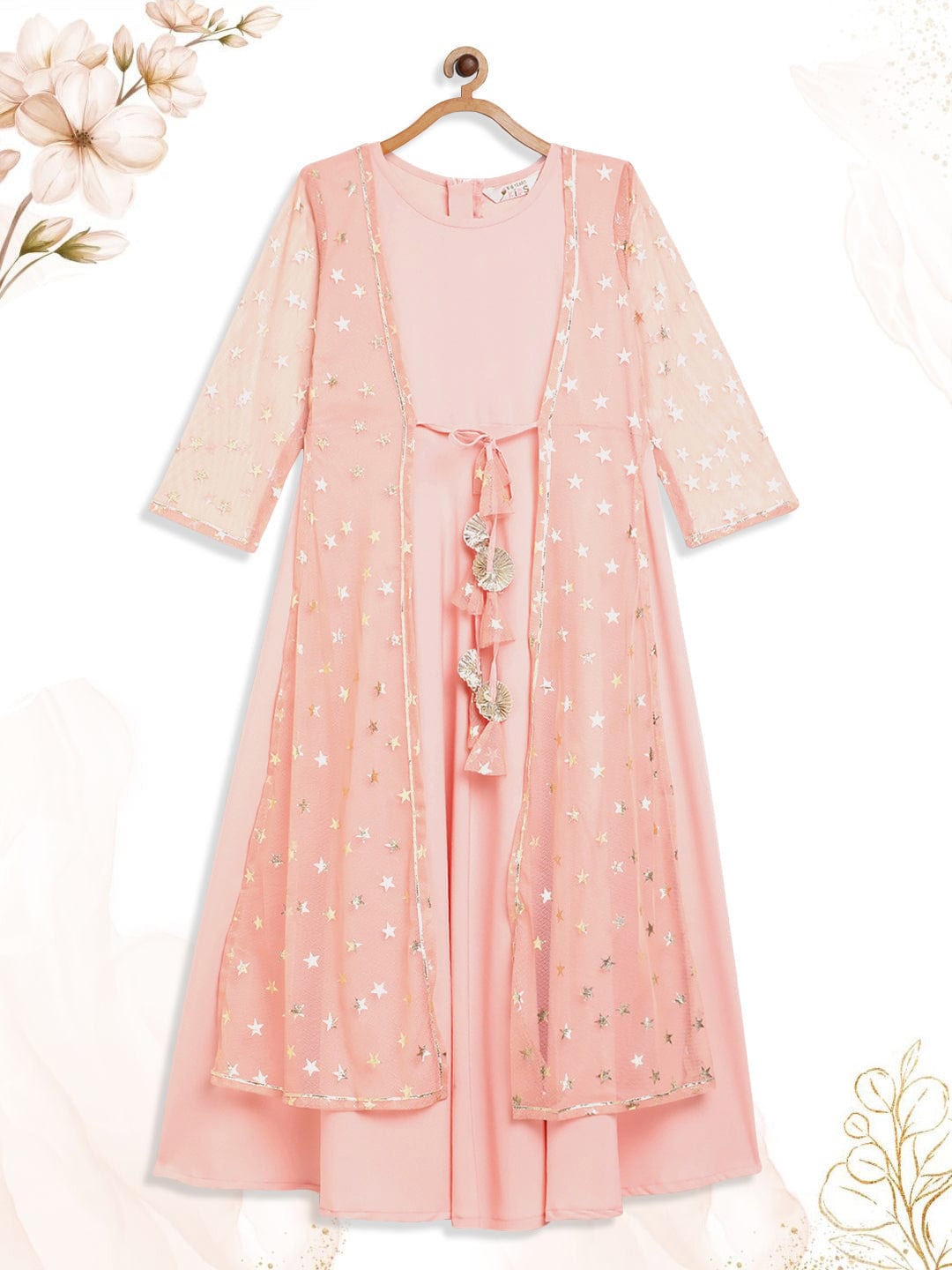 

AHALYAA KIDS Girls Self Design A-Line Tie-Ups Crepe Ethnic Dress With Coat, Pink