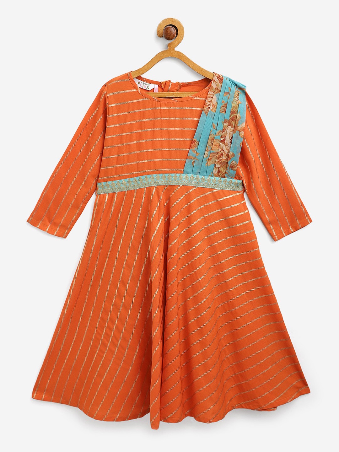

AHALYAA KIDS Girls Striped Long Sleeves Fit & Flared Crepe Ethnic Dresses, Orange