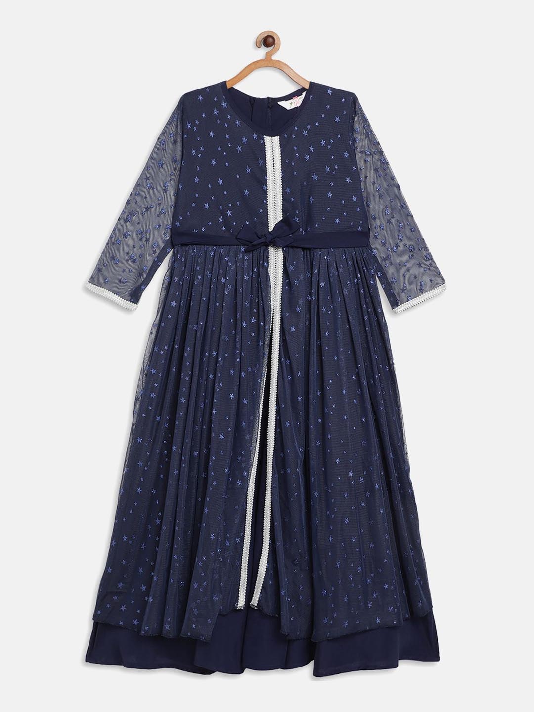 

AHALYAA KIDS Girls Geometric Printed A-Line Ethnic Dress, Navy blue