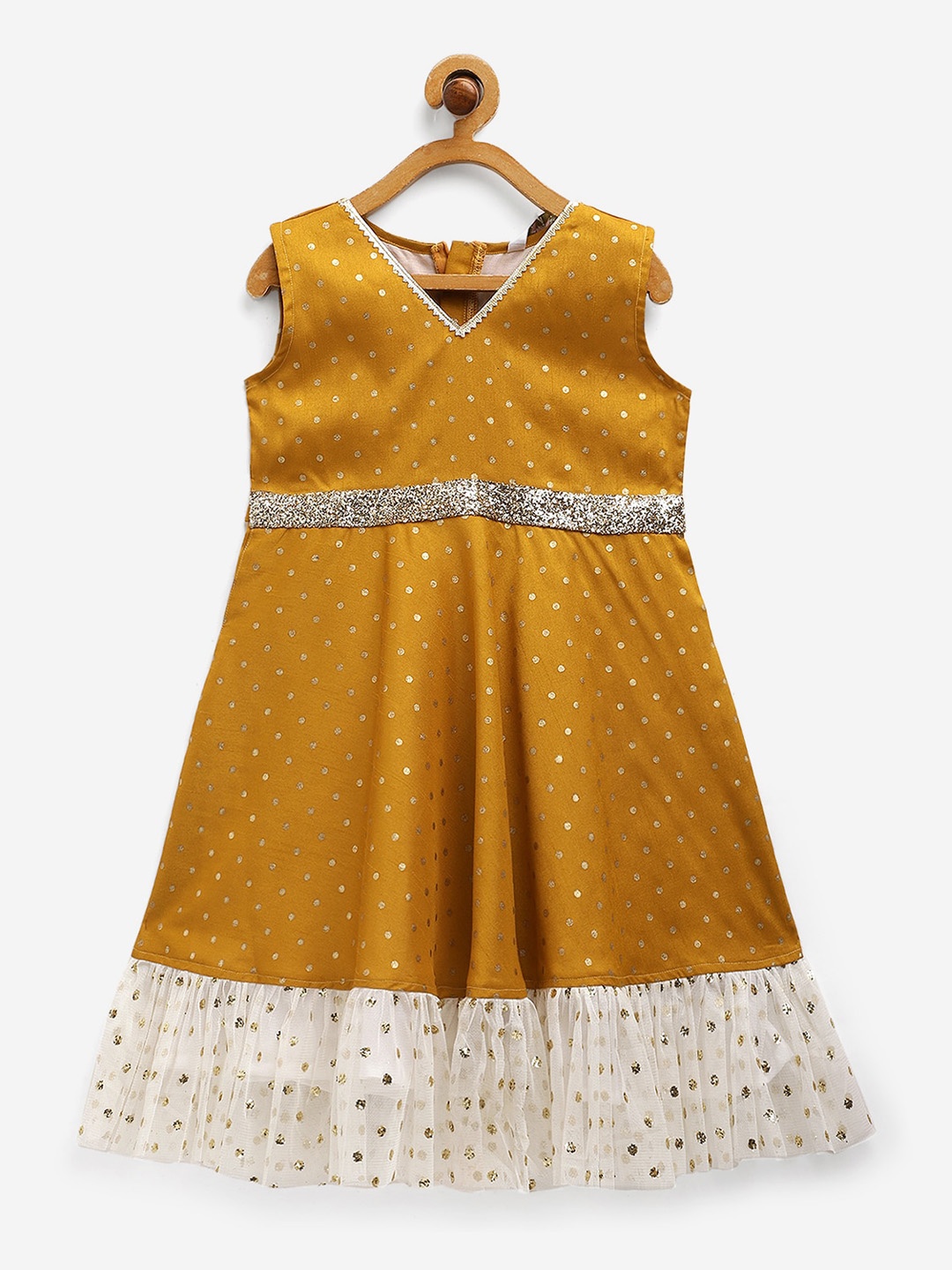 

AHALYAA KIDS Girls Polka Dots Printed Fit & Flared Ethnic Dress, Mustard