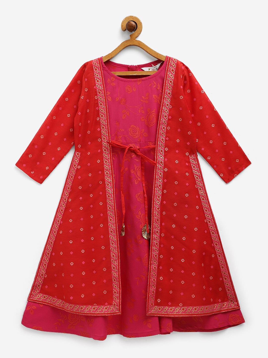 

AHALYAA KIDS Girls Floral Printed A-Line Tie-Ups Crepe Ethnic Dress With Coat, Pink
