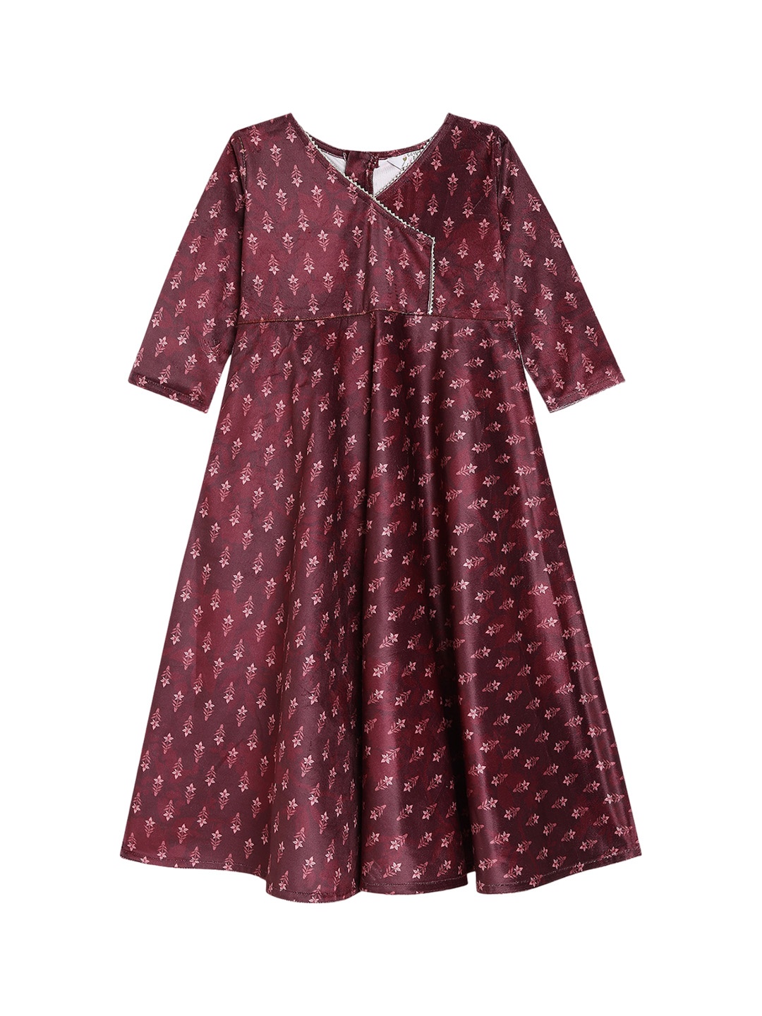 

AHALYAA KIDS Girls Ethnic Motifs Printed Gotta Patti A Line Ethnic Dress, Burgundy