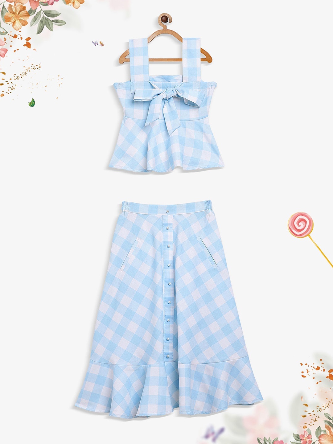 

AHALYAA KIDS Girls Checked Shoulder Straps Clothing Set, Blue