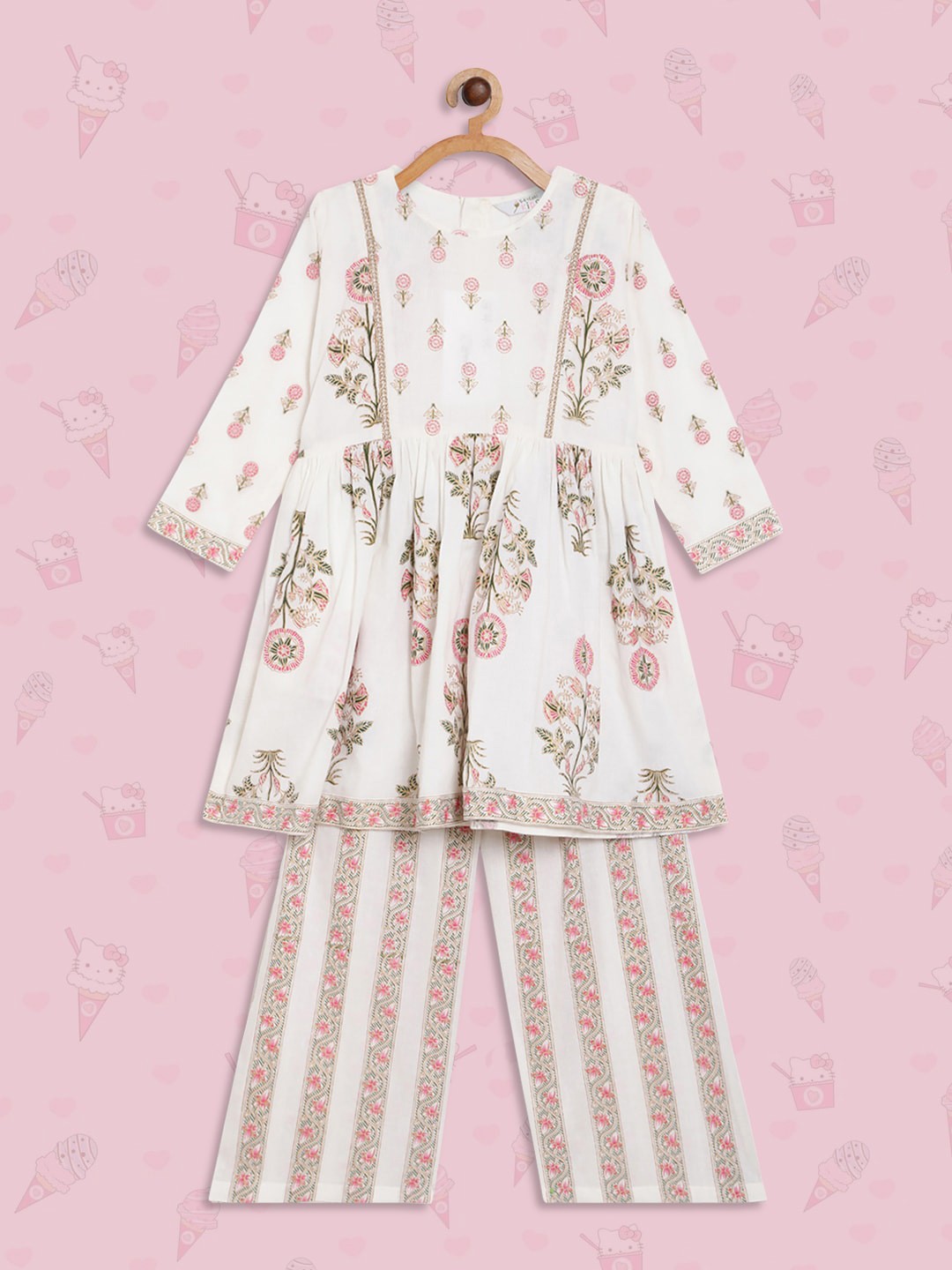 

AHALYAA KIDS Girls Floral Printed Pure Cotton A Line Kurta With Palazzos, Off white