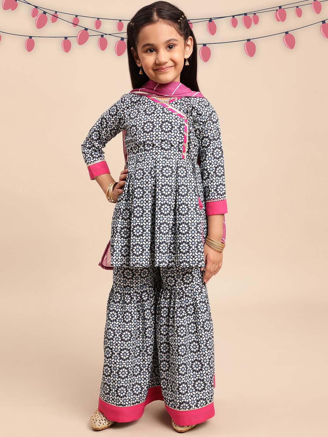 

AHALYAA KIDS Girls Ethnic Motifs Printed Angrakha Kurta With Sharara & Dupatta, Blue