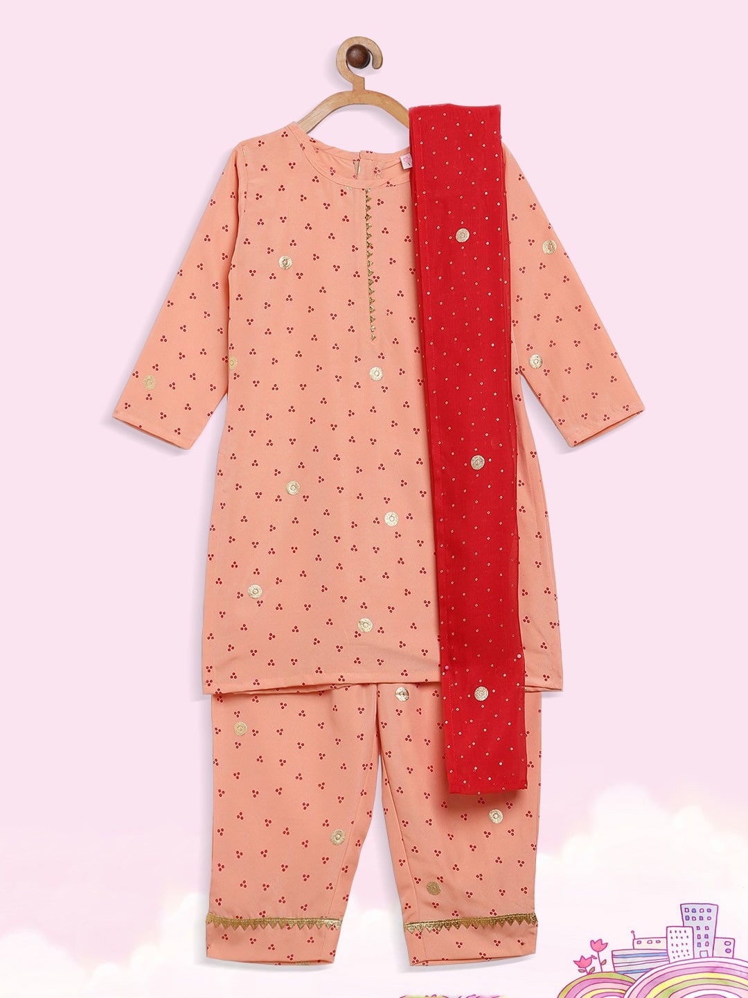 

AHALYAA KIDS Girls Ethnic Motifs Printed Regular Kurta With Trousers & Dupatta, Peach