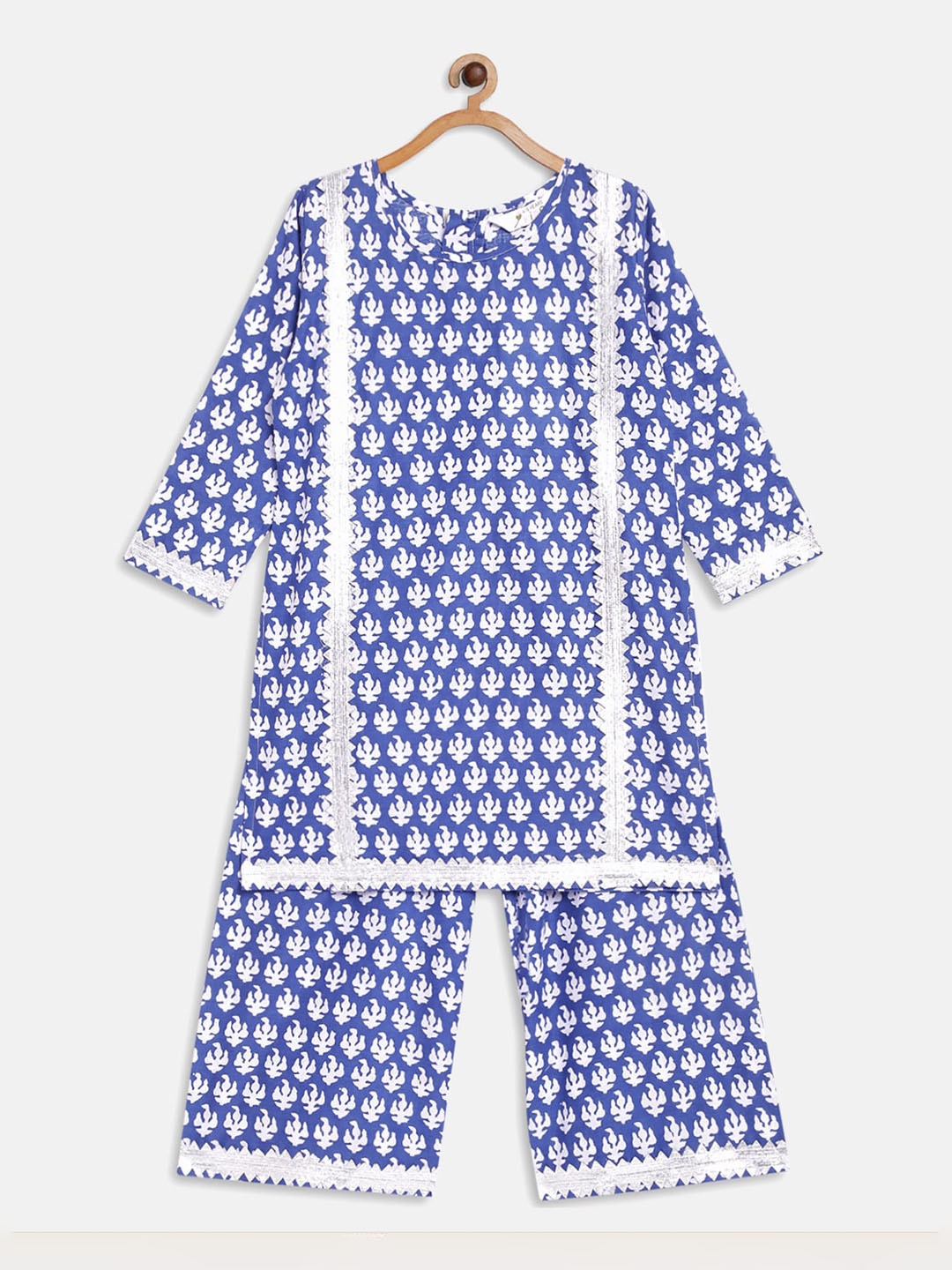 

AHALYAA KIDS Girls Ethnic Printed Lace Detail Gotta Patti Pure Cotton Kurta with Palazzos, Blue