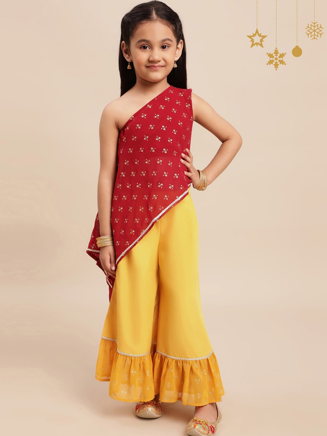 

AHALYAA KIDS Girls Embellished One Shoulder Top With Palazzos, Maroon