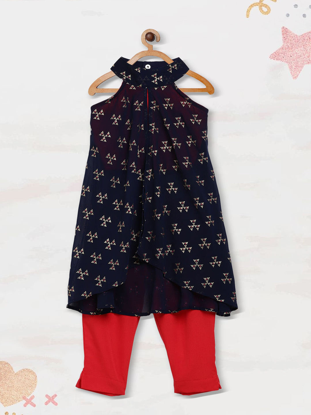 

AHALYAA KIDS Girls Printed Tunic With Trousers, Navy blue
