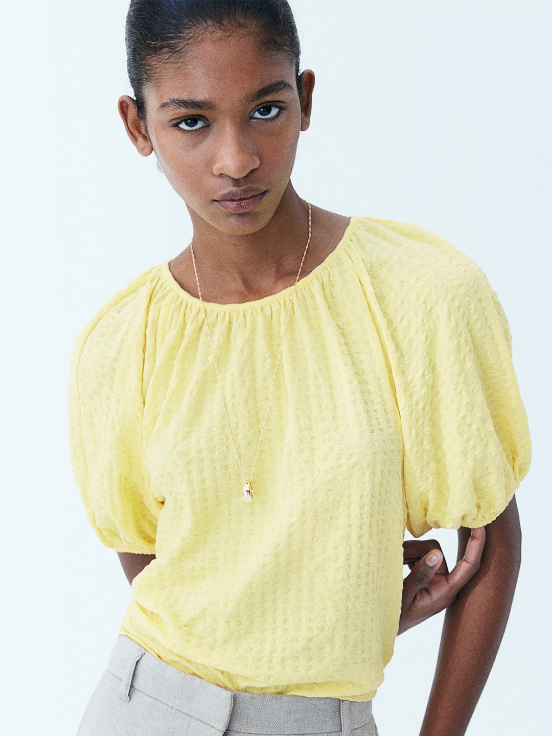 

H&M Textured-Weave Top, Yellow