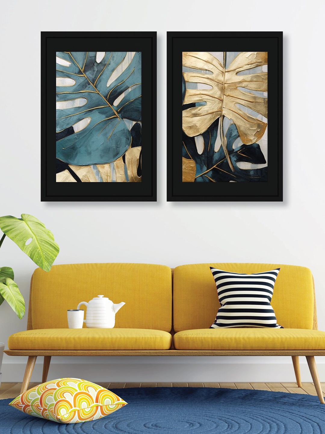 

RANDOM Black & Beige 2 Pieces Golden Leaf Print Wall Art