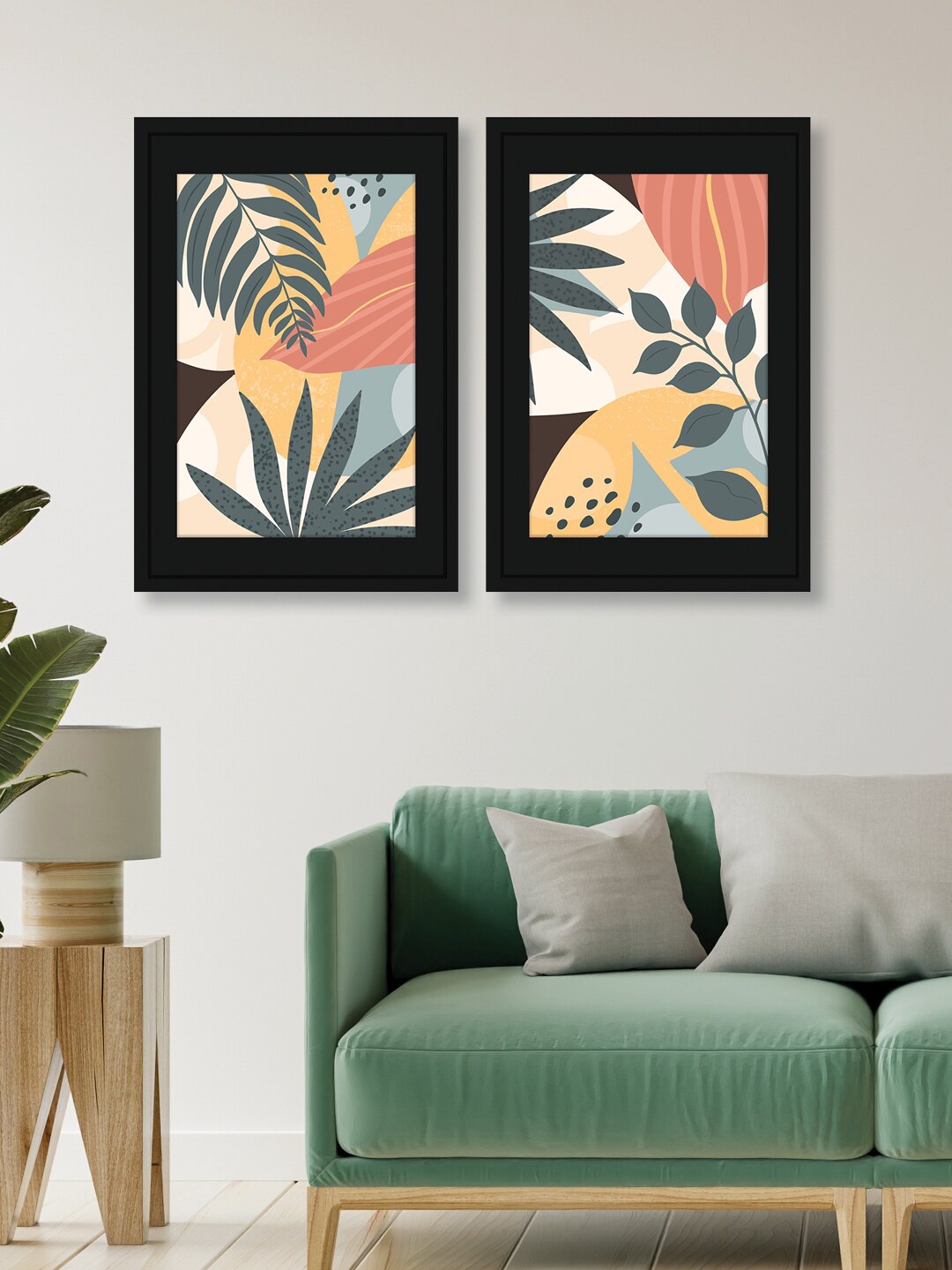 

RANDOM Green & Peach 2 Pieces Botanical Boho Leaves Wall Art