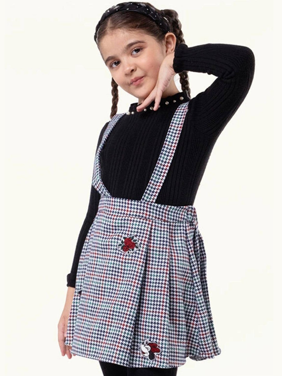 

One Friday Girls Geometric Printed Flared Skirt With Suspenders, White