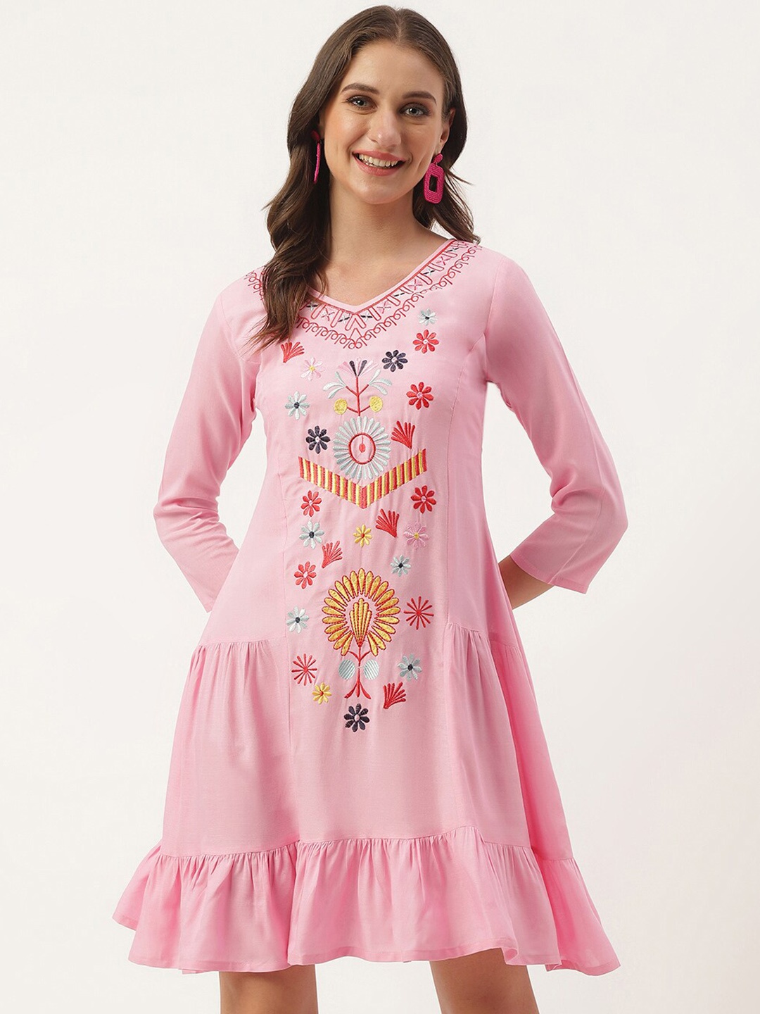 

ANUTTARA FASHIONS Floral Embroidered A-Line Dress, Pink