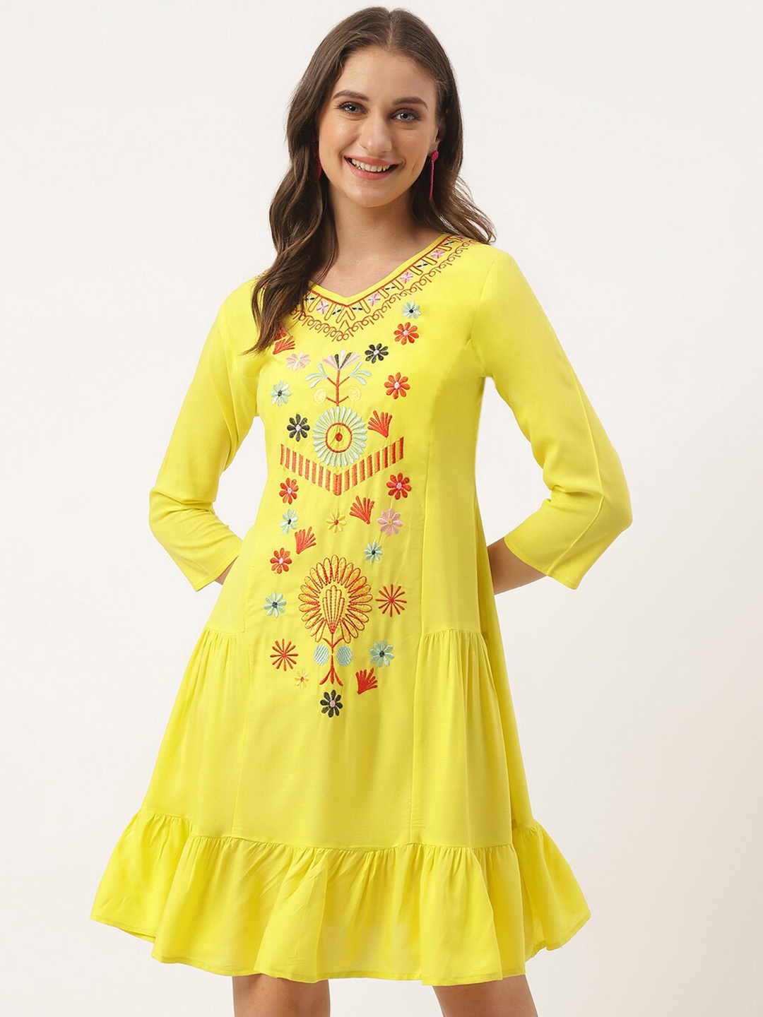 

ANUTTARA FASHIONS Floral Embroidered A-Line Dress, Yellow