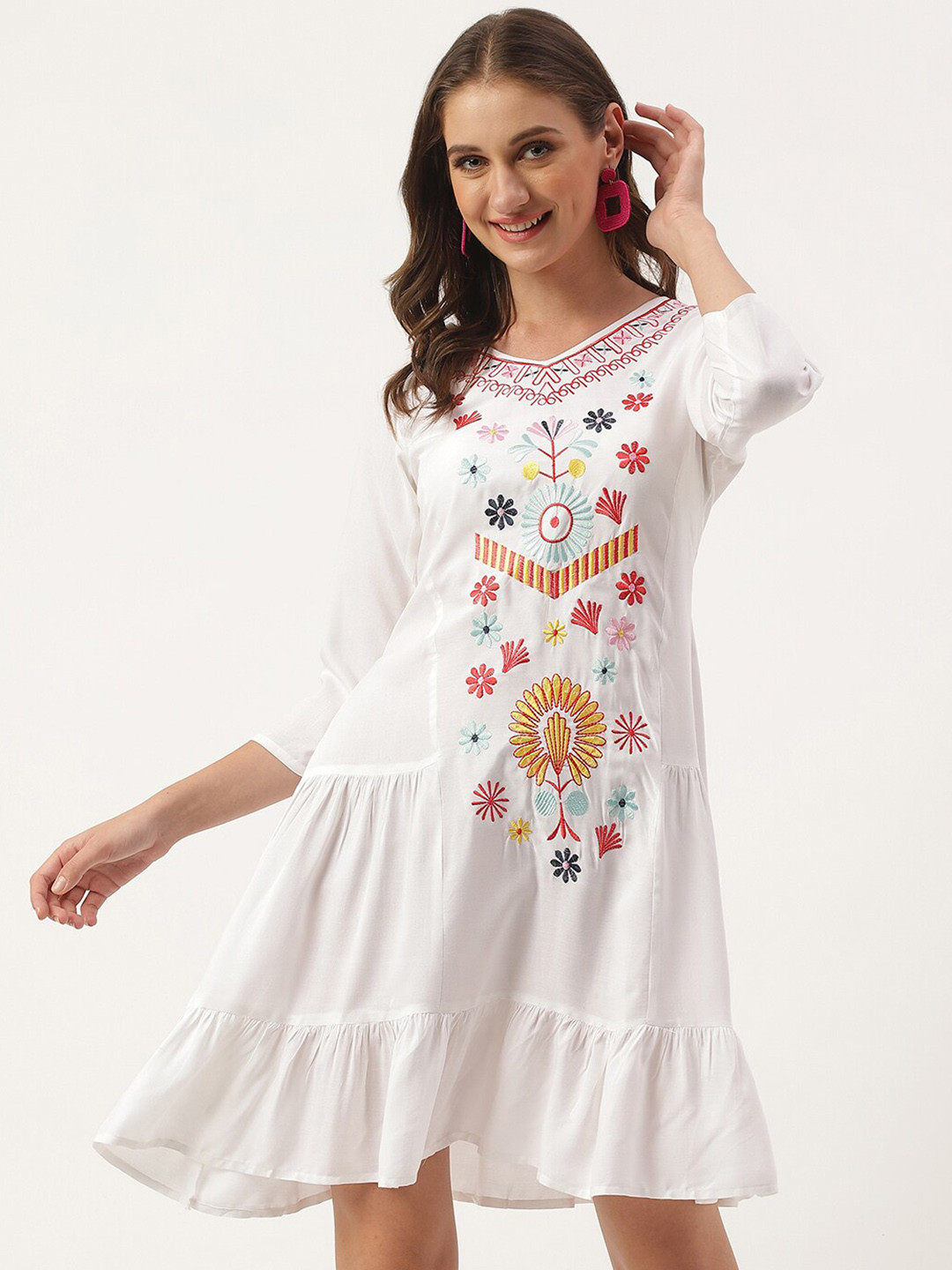 

ANUTTARA FASHIONS Floral Embroidered A-Line Dress, White