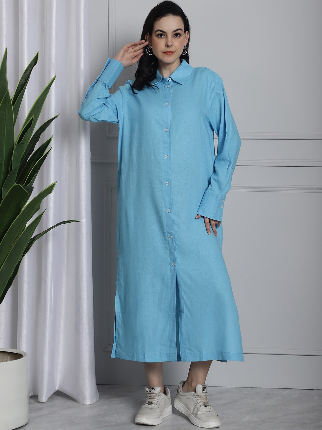 

NoBarr Cuffed Sleeves Linen Midi Shirt Stye Dress, Blue