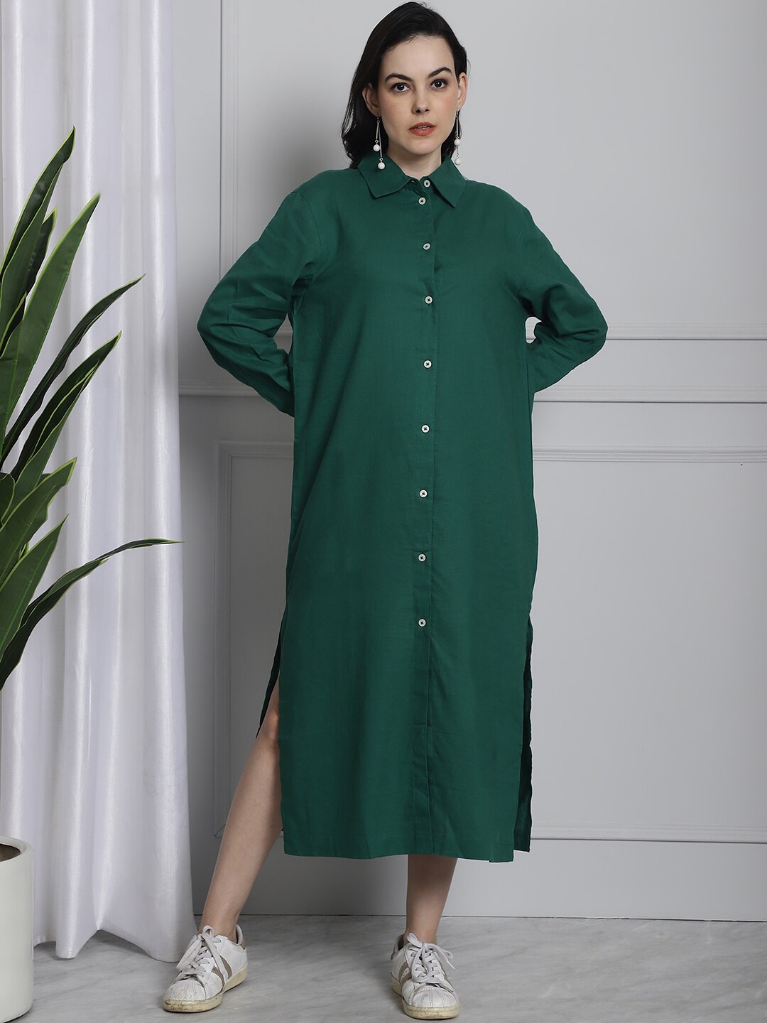 

NoBarr Shirt Collar Cuffed Sleeves Shirt Midi Linen Dress, Green