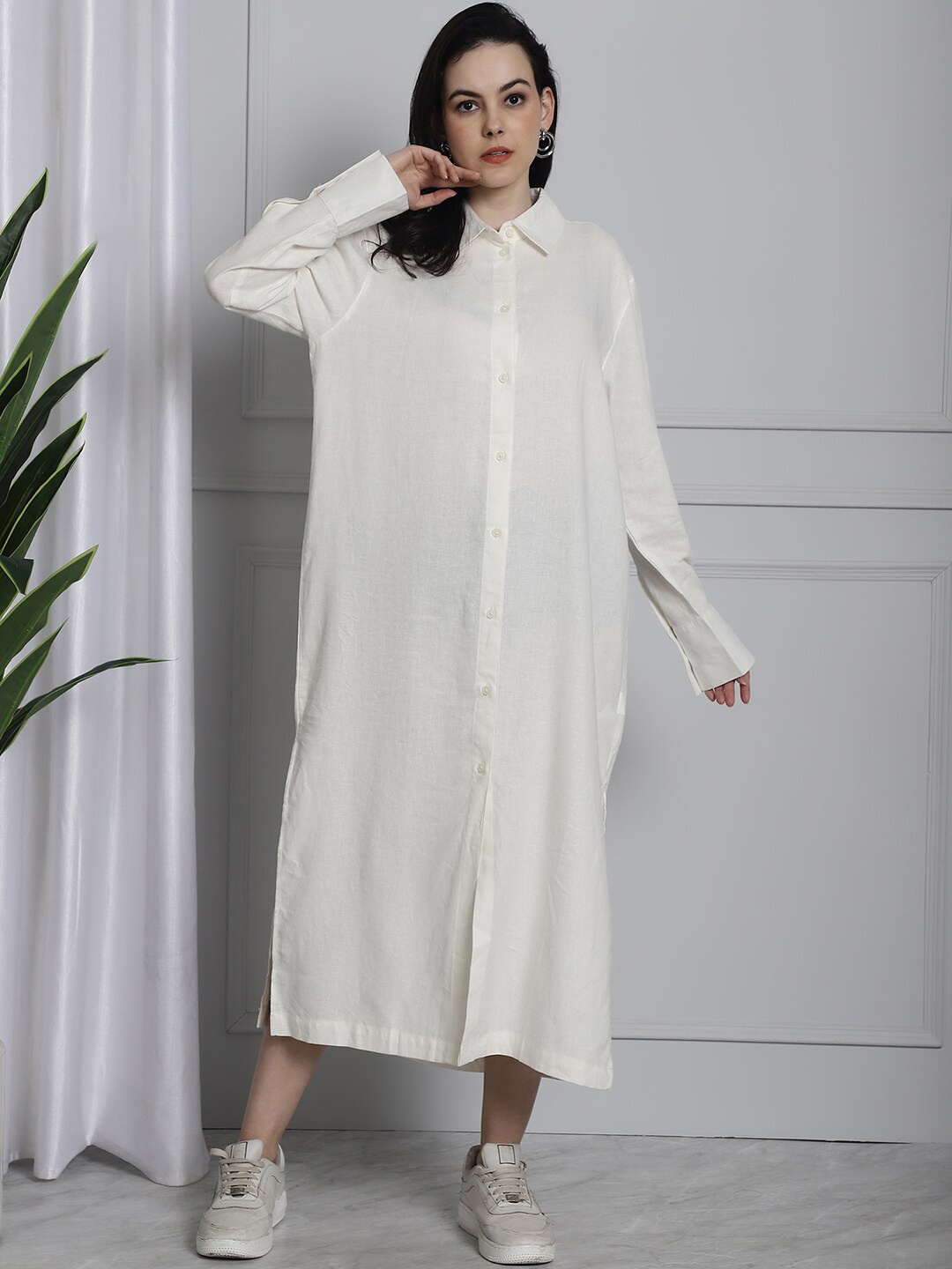 

NoBarr Shirt Collar Cuffed Sleeves Shirt Midi Linen Dress, White