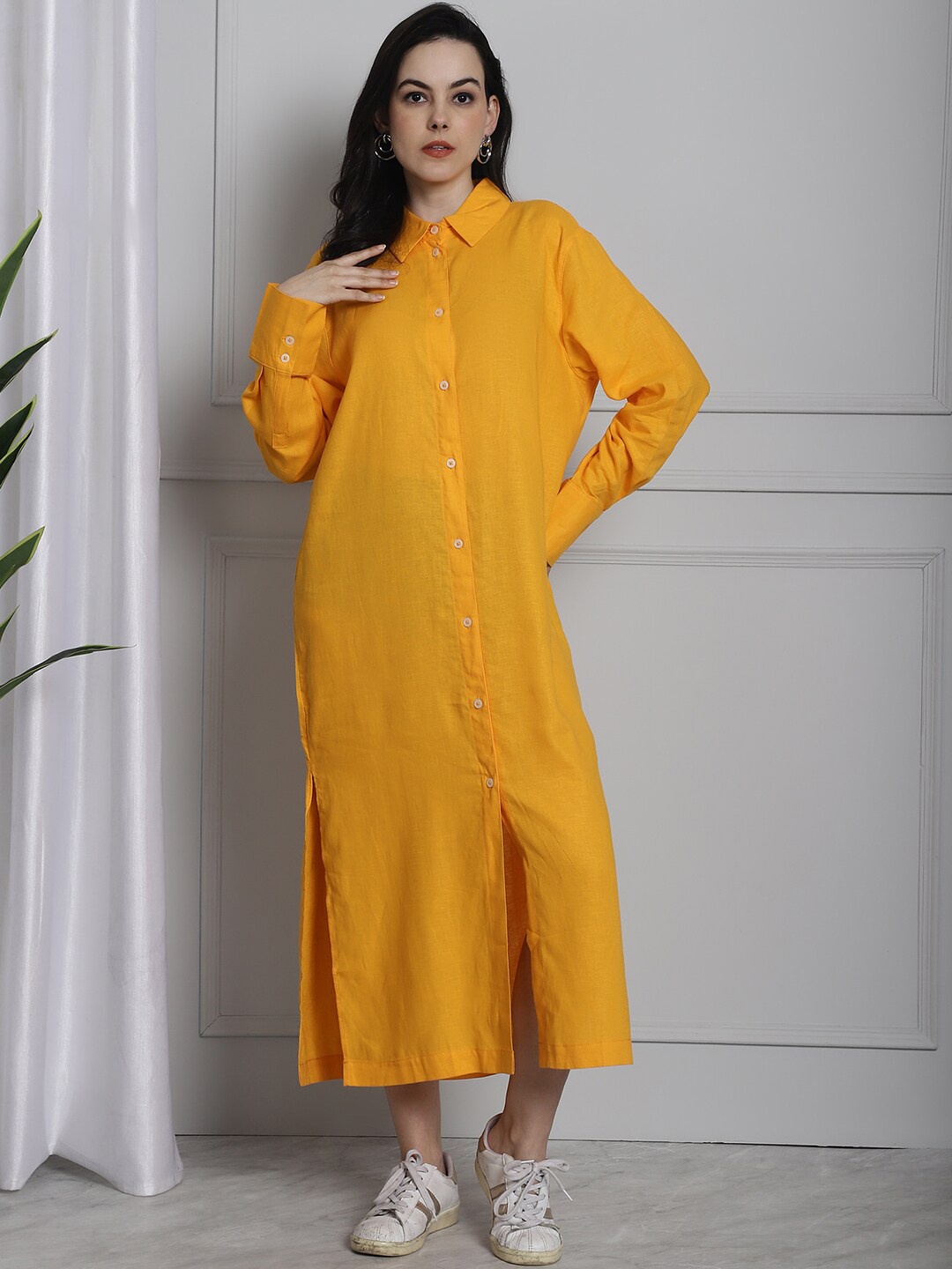 

NoBarr Cuffed Sleeves Linen Midi Shirt Stye Dress, Mustard