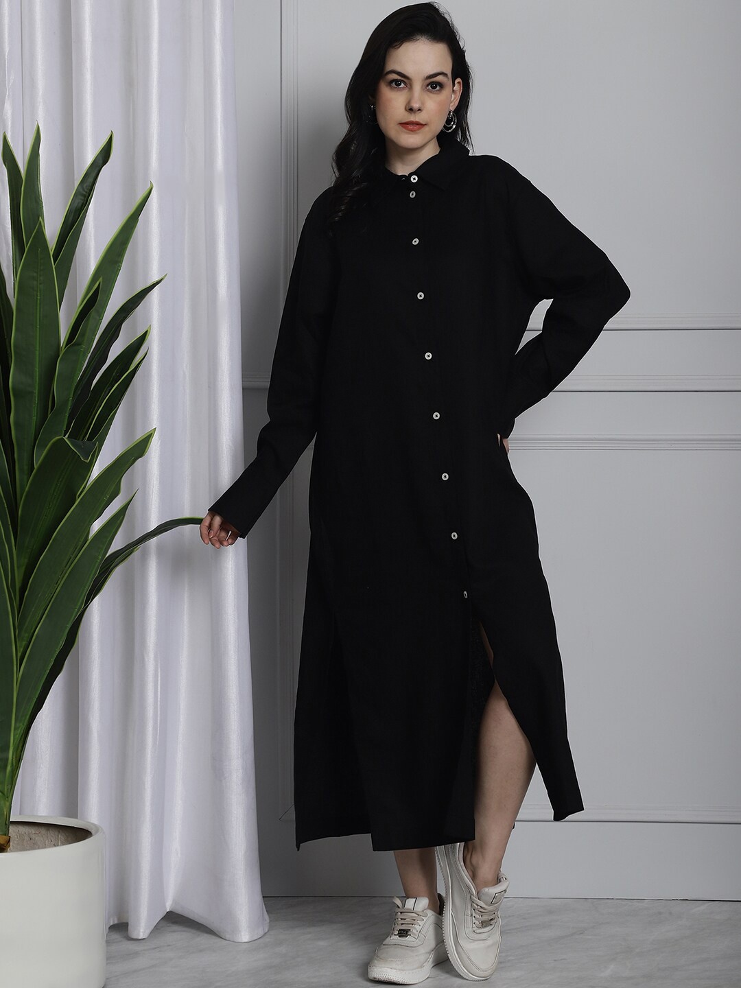 

NoBarr Cuffed Sleeves Linen Midi Shirt Stye Dress, Black