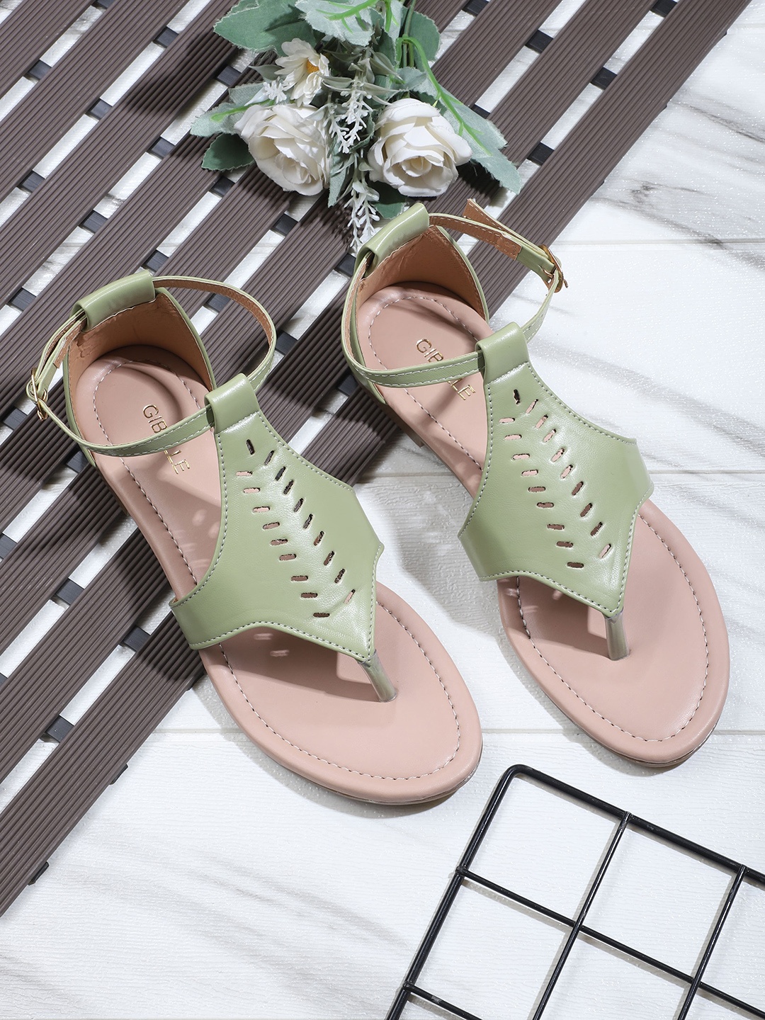 

Gibelle Textured Open Toe Flats With Laser Cuts & Buckle Closure, Sea green