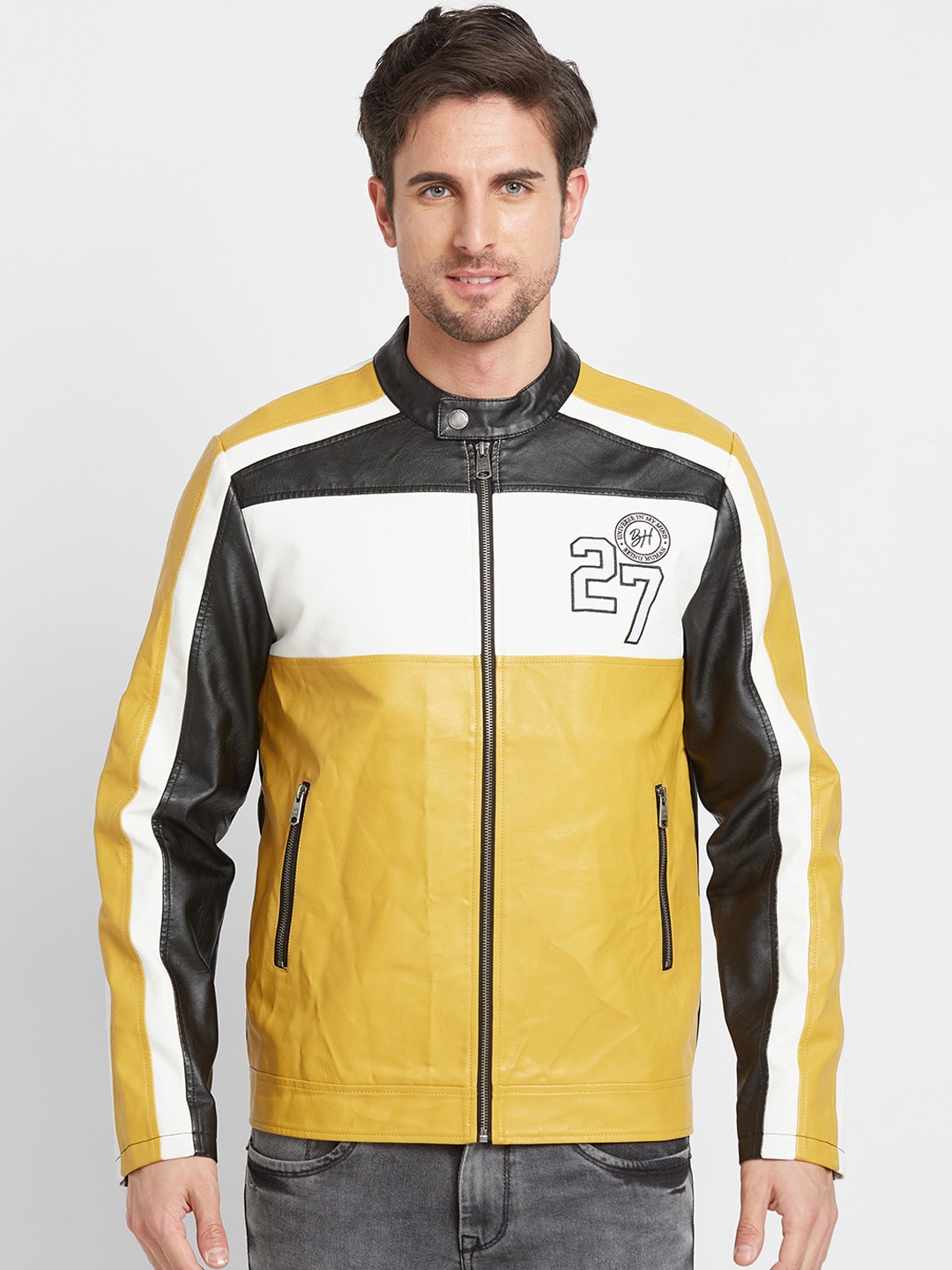 

Being Human Colourblocked Mandarin Collar Sporty Jacket, Yellow