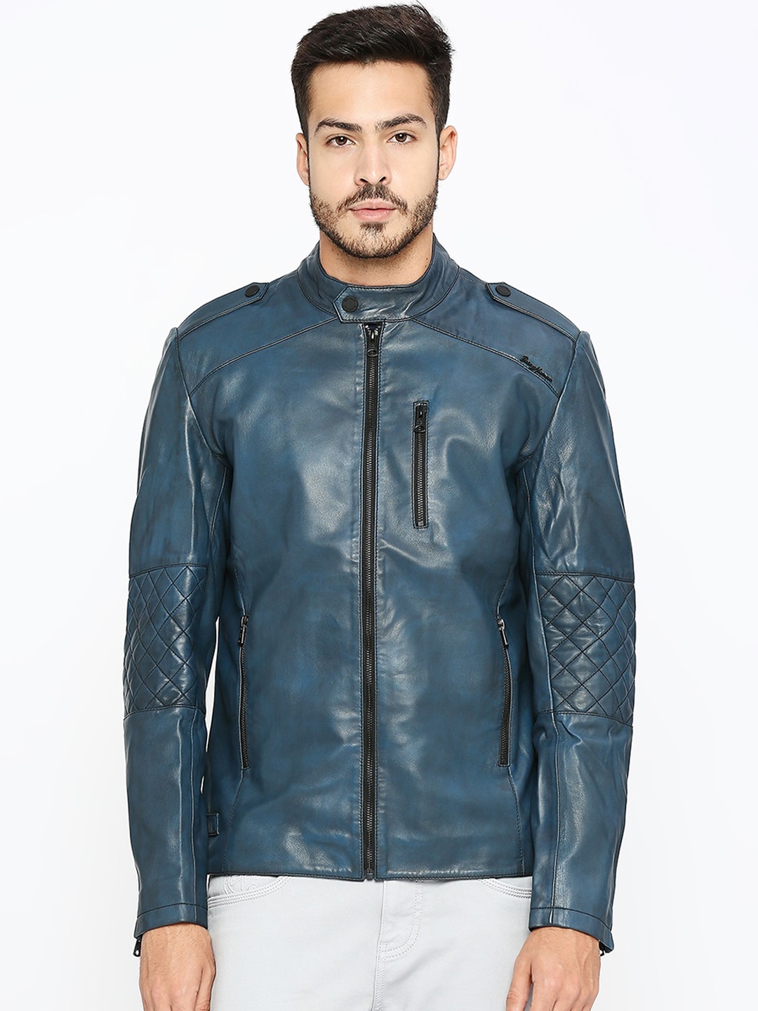 

Being Human Mandarin Collar Shoulder Tabs Biker Jacket, Blue
