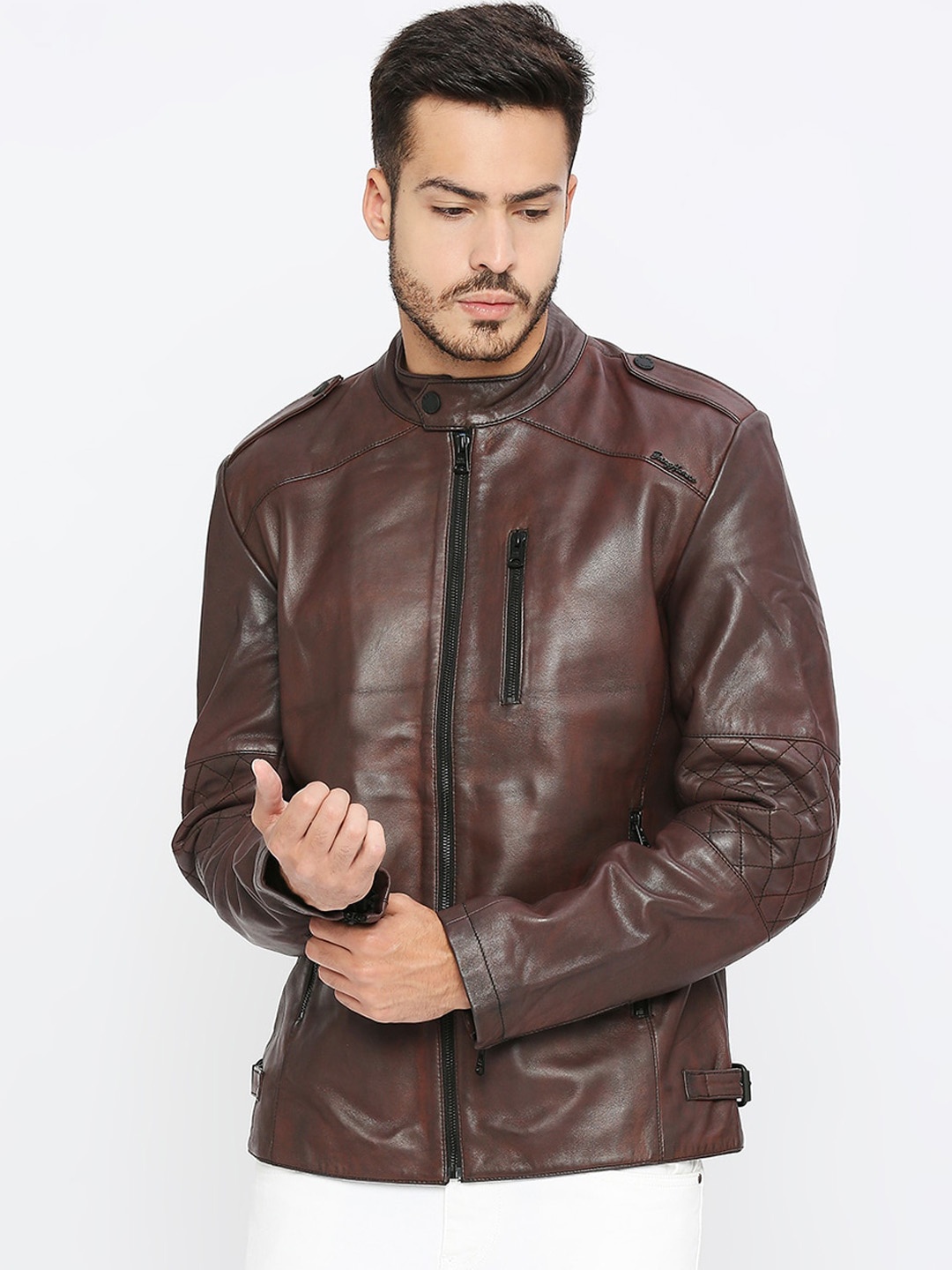 

Being Human Mandarin Collar Shoulder Tabs Biker Jacket, Brown