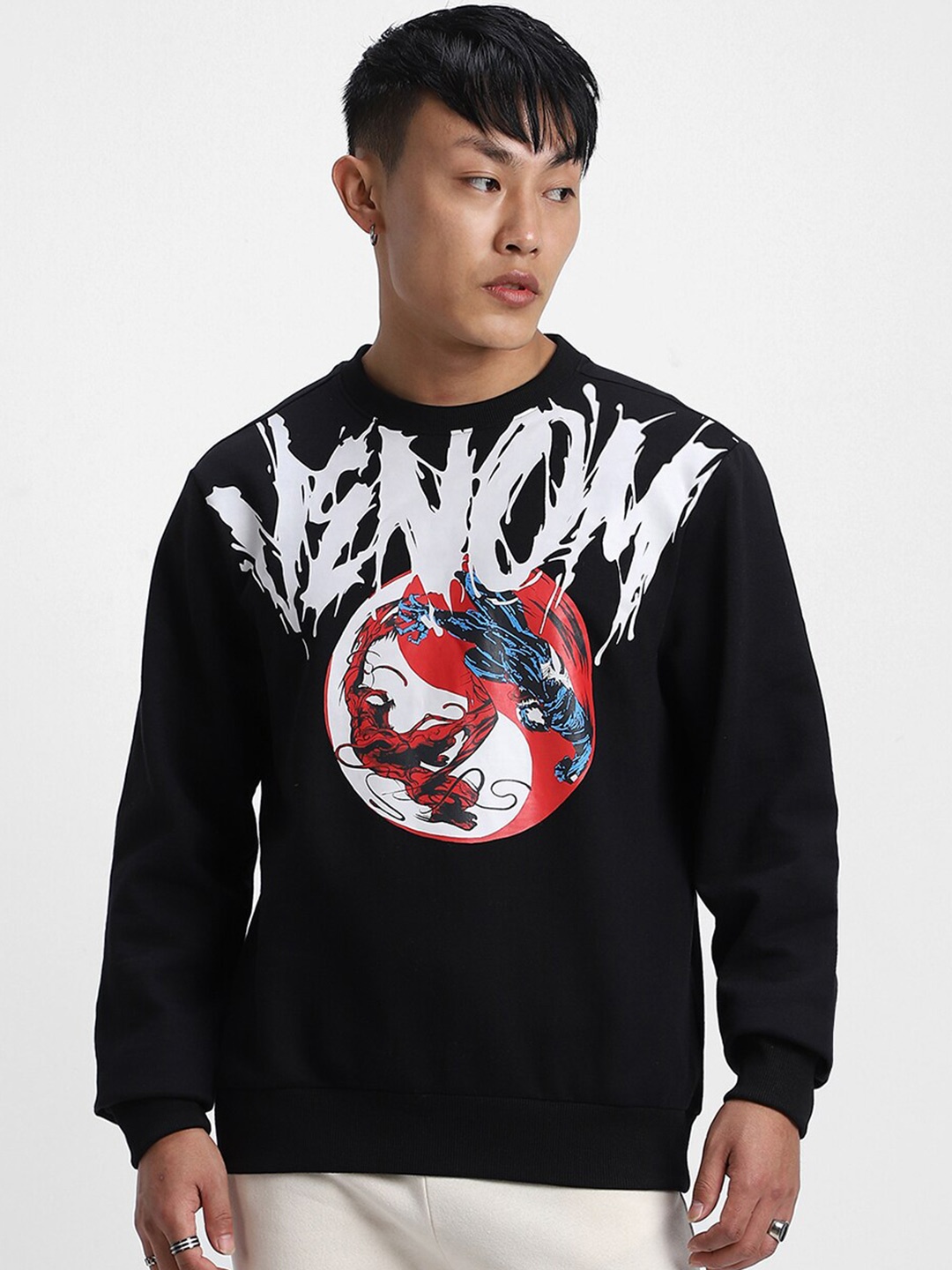 

VEIRDO Black Venom Marvel Printed Fleece Sweatshirt
